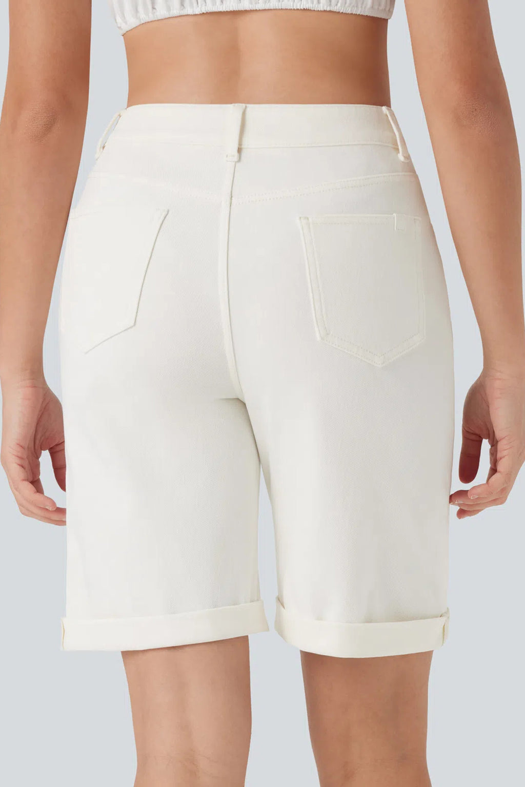White Solid Color Rolled Cuffs Denim Bermuda Shorts