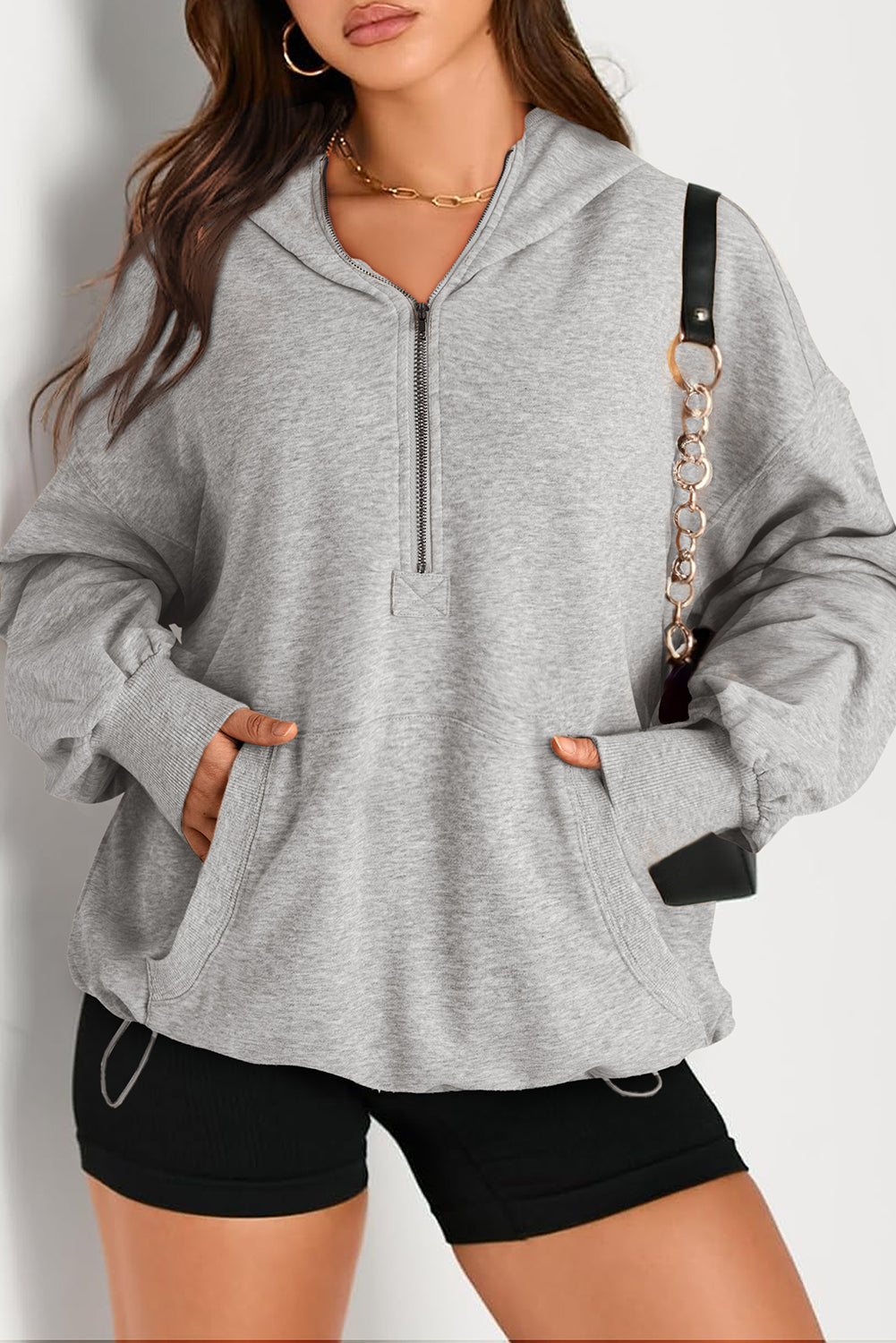 Black Solid Kangaroo Pocket Half Zipper Oversized Hoodie