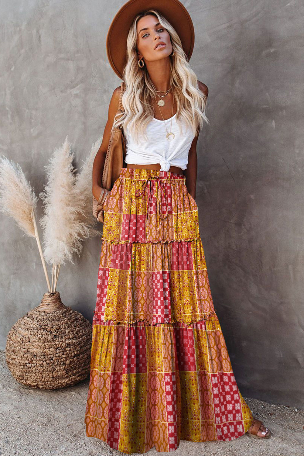 Purple Tiered Paisley Print Pocketed Maxi Skirt