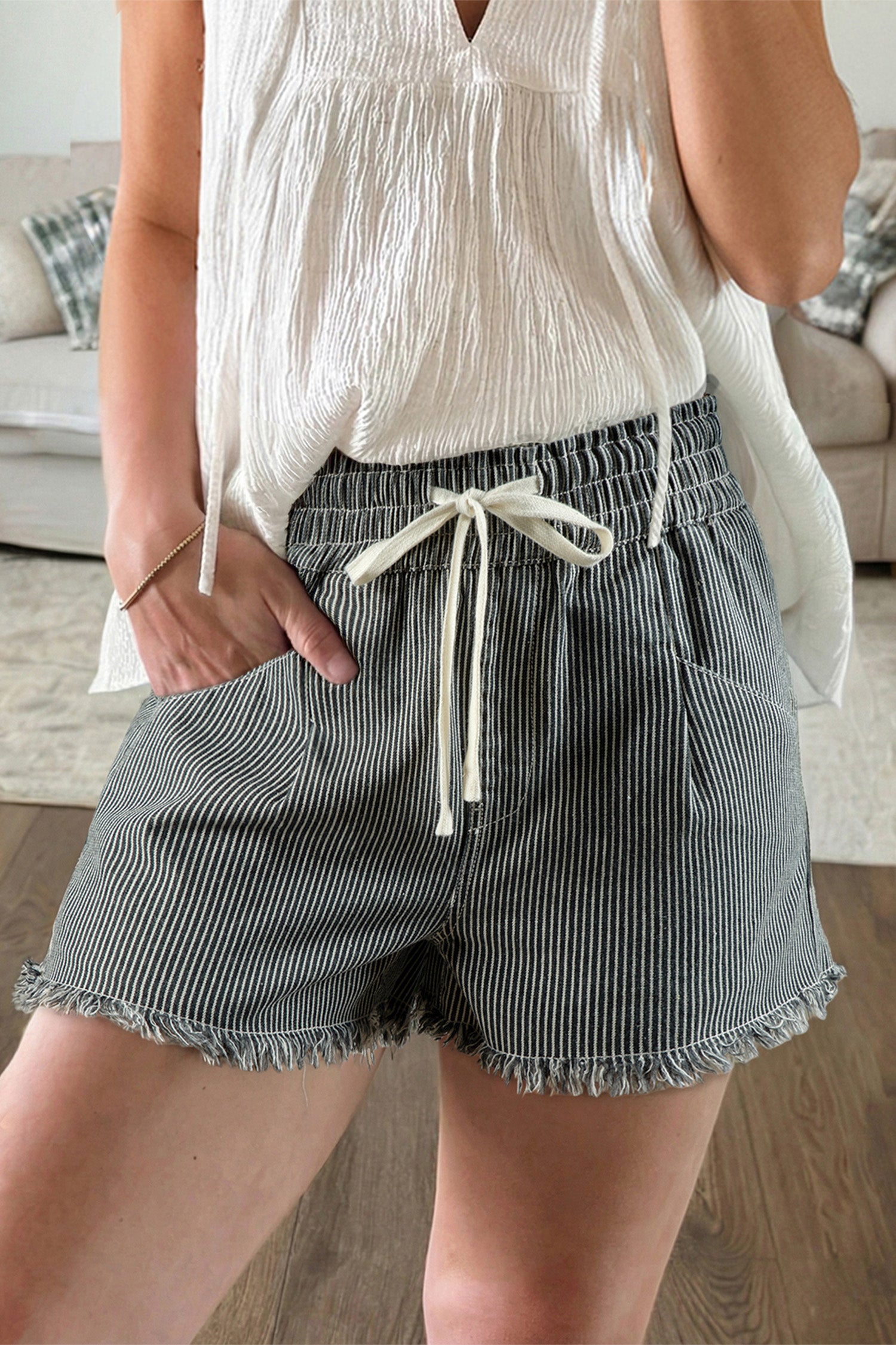 Sky Blue Stripe Raw Edge Drawstring Elastic Waist Casual Denim Shorts