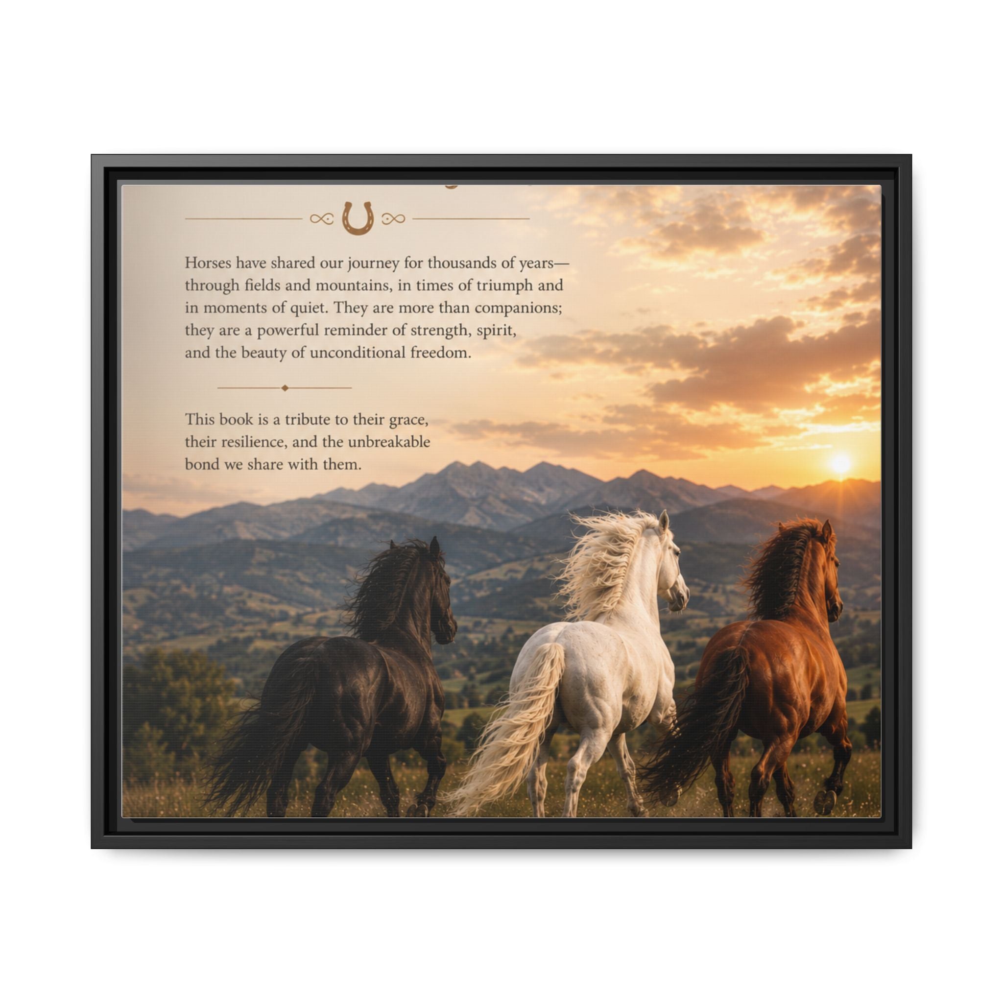 Framed Matte Canvas Wall Art — Running Horses Sunset Landscape with Inspirational Text