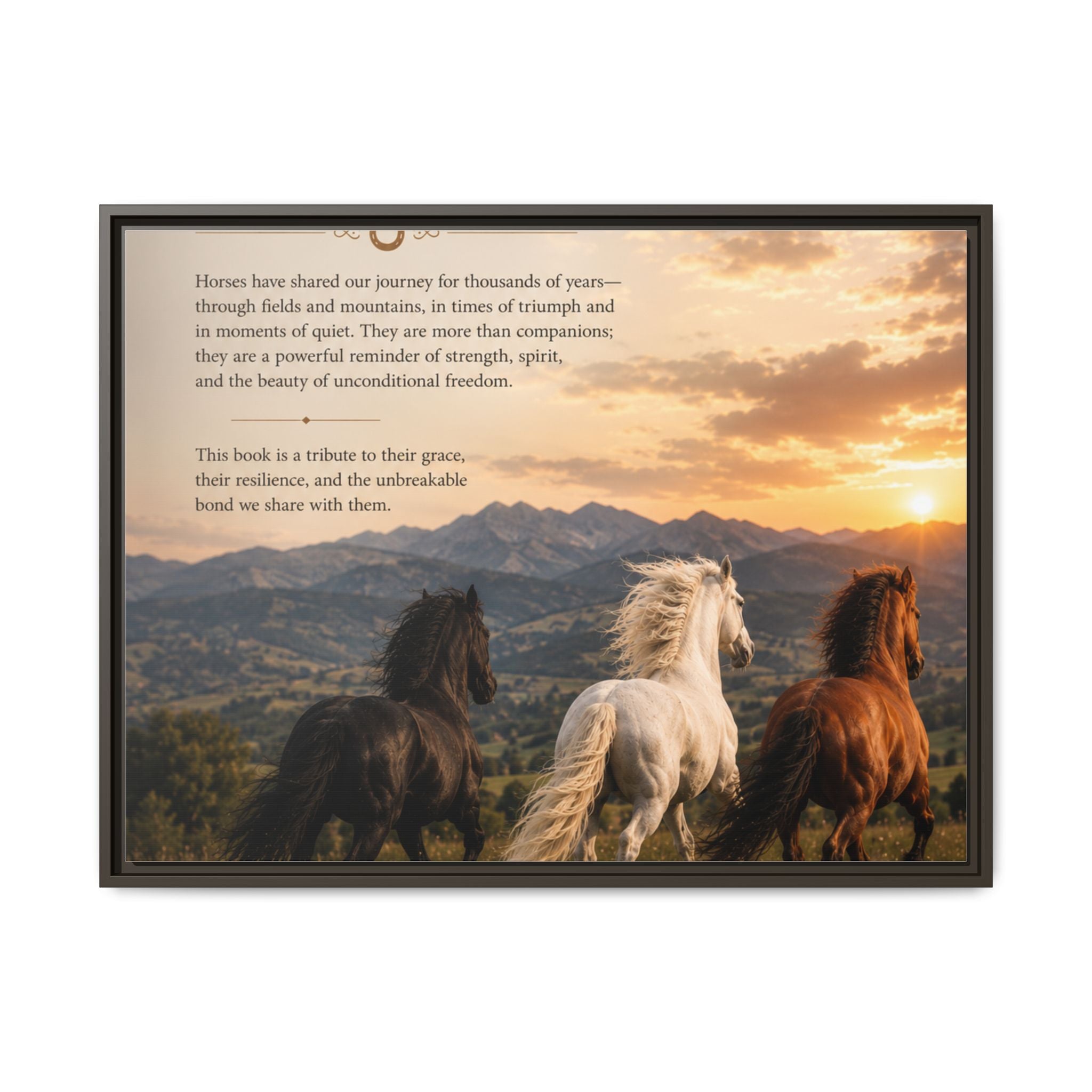 Framed Matte Canvas Wall Art — Running Horses Sunset Landscape with Inspirational Text