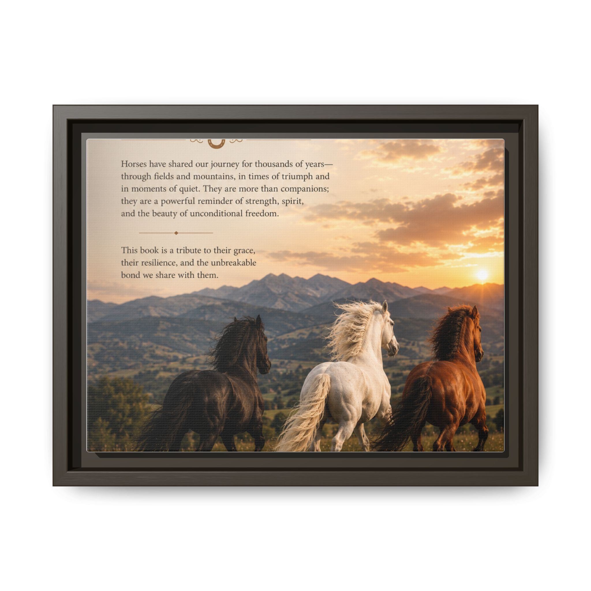 Framed Matte Canvas Wall Art — Running Horses Sunset Landscape with Inspirational Text