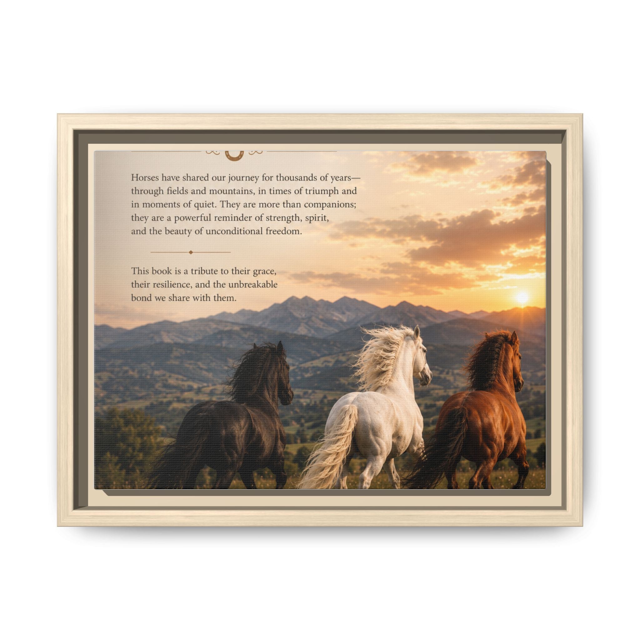Framed Matte Canvas Wall Art — Running Horses Sunset Landscape with Inspirational Text
