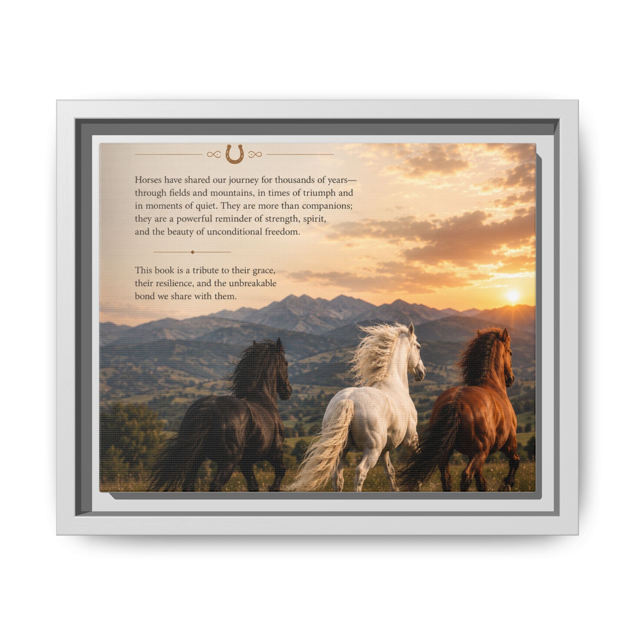 Framed Matte Canvas Wall Art — Running Horses Sunset Landscape with Inspirational Text