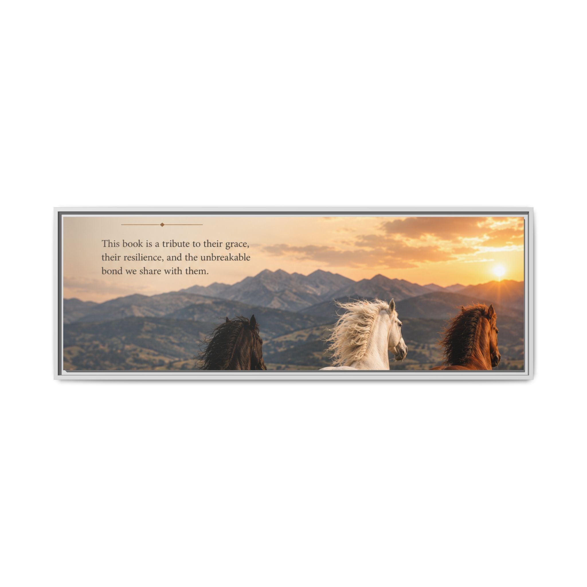 Framed Matte Canvas Wall Art — Running Horses Sunset Landscape with Inspirational Text