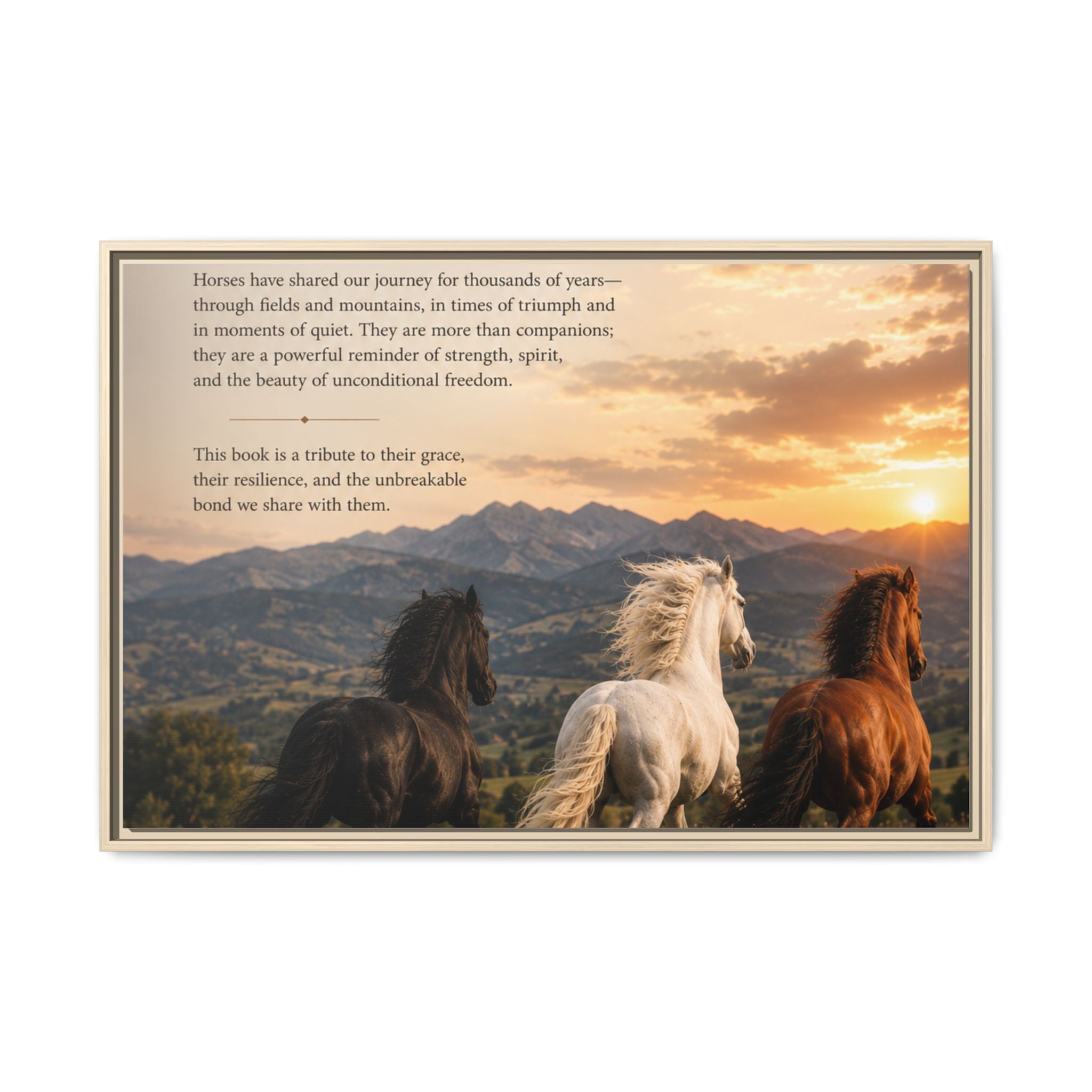 Framed Matte Canvas Wall Art — Running Horses Sunset Landscape with Inspirational Text