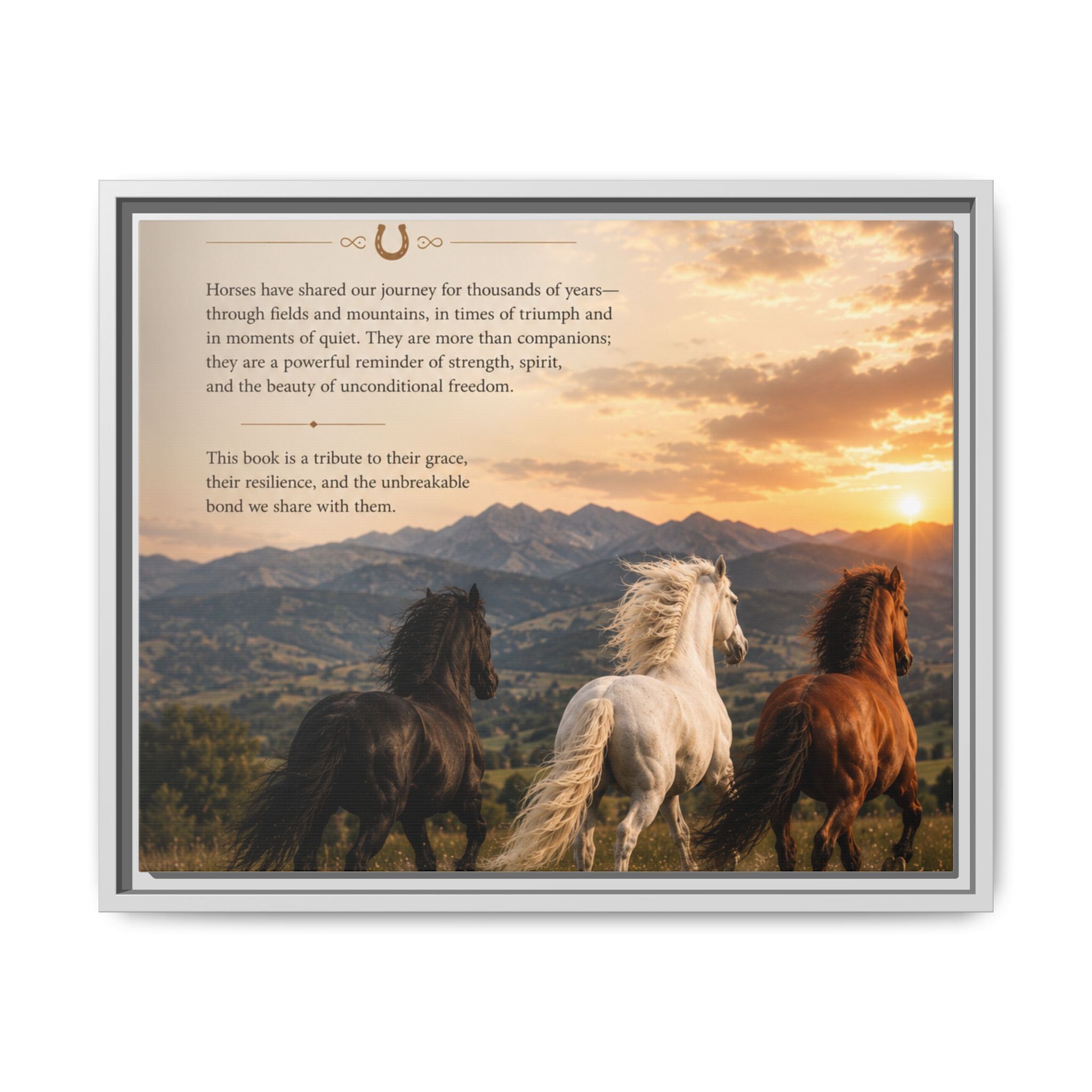 Framed Matte Canvas Wall Art — Running Horses Sunset Landscape with Inspirational Text