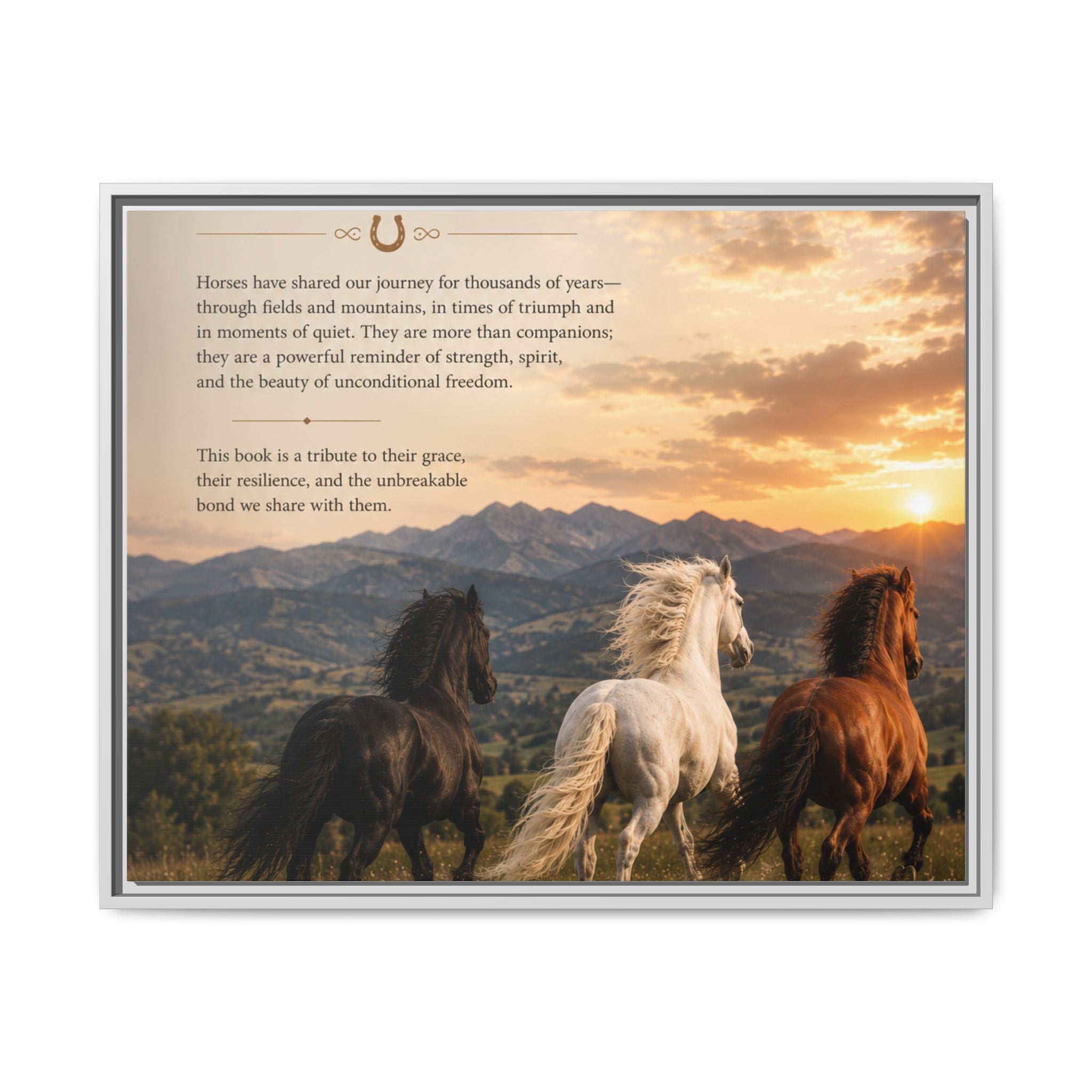 Framed Matte Canvas Wall Art — Running Horses Sunset Landscape with Inspirational Text
