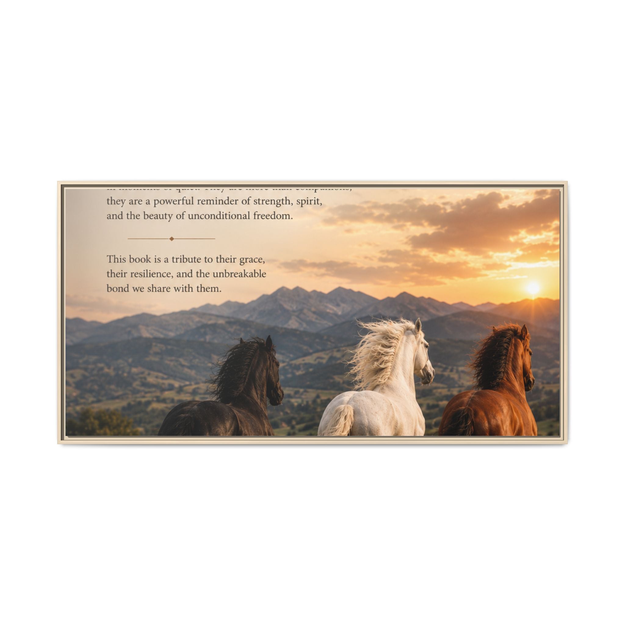 Framed Matte Canvas Wall Art — Running Horses Sunset Landscape with Inspirational Text