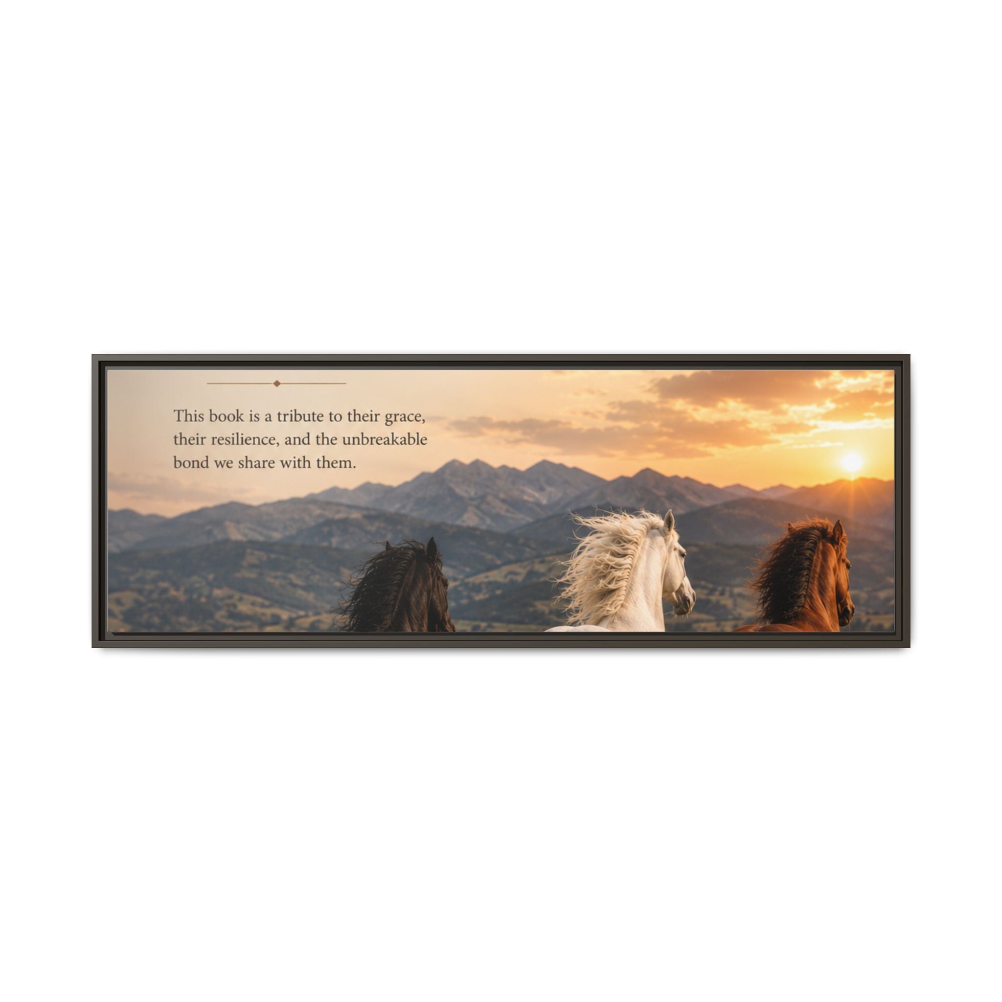 Framed Matte Canvas Wall Art — Running Horses Sunset Landscape with Inspirational Text