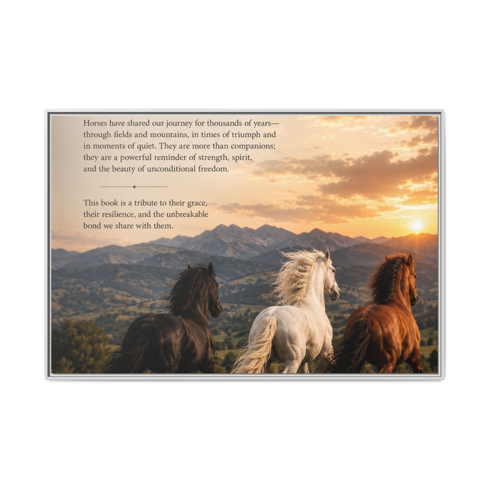 Framed Matte Canvas Wall Art — Running Horses Sunset Landscape with Inspirational Text