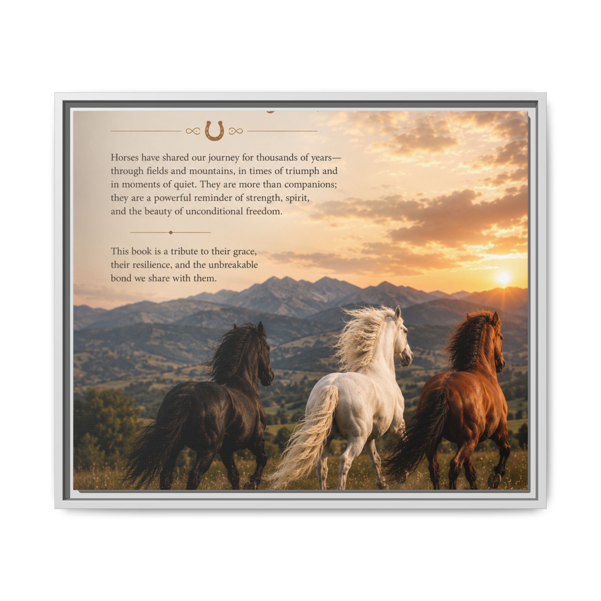 Framed Matte Canvas Wall Art — Running Horses Sunset Landscape with Inspirational Text