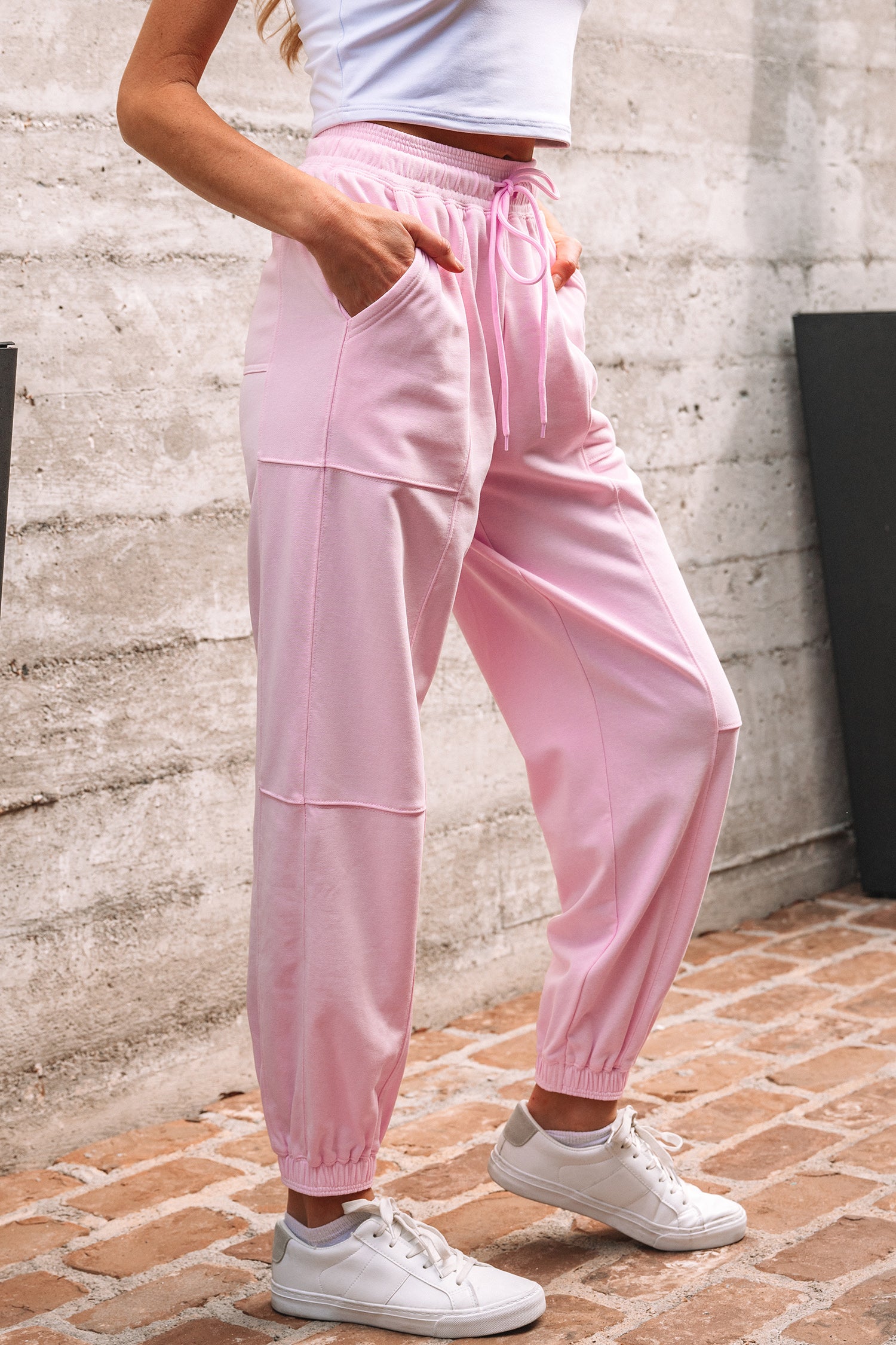 Lilac Drawstring Elastic Waistband Solid Color Jogger Pants