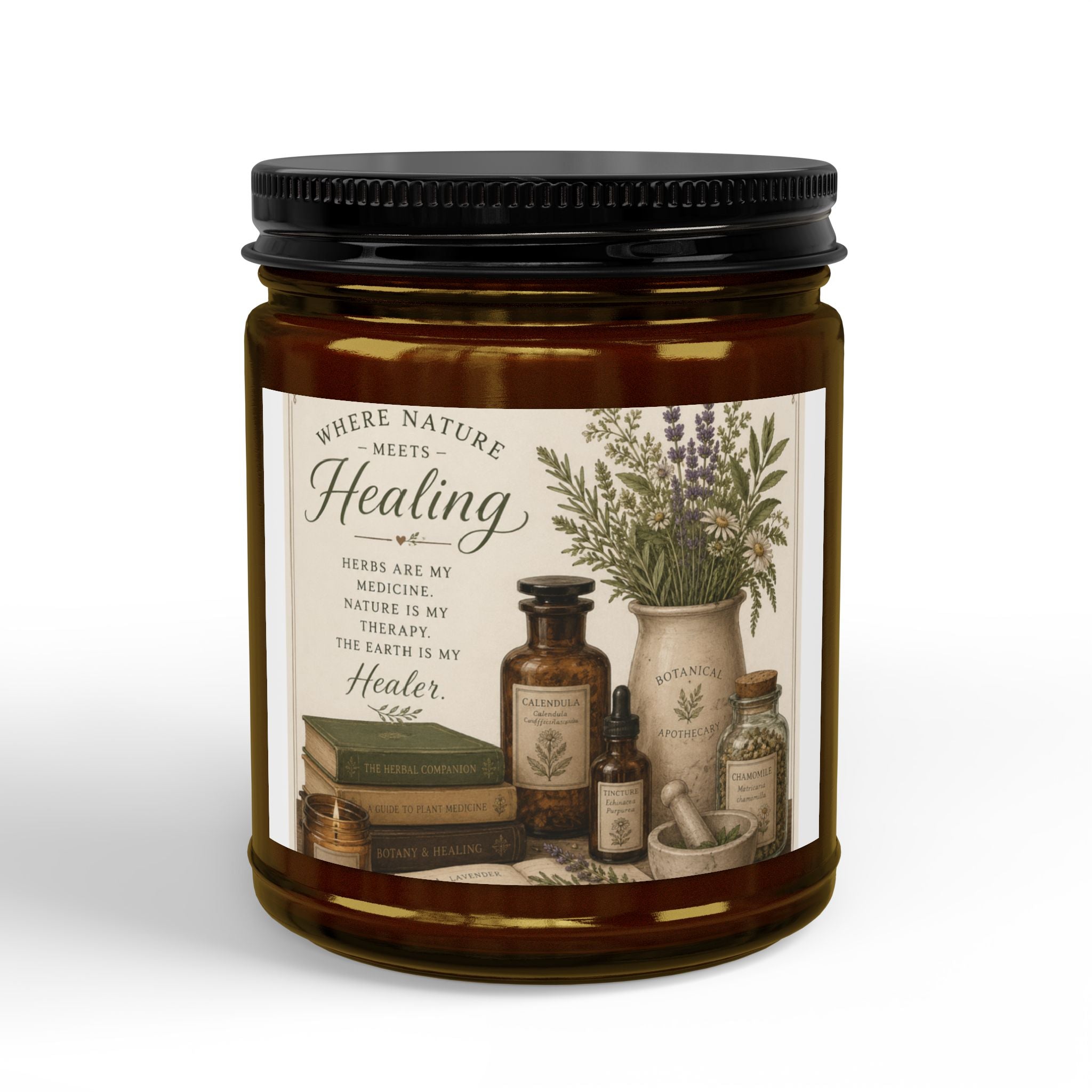 Herbal Healing Soy Candle — Scented Amber Jar with Black Lid (4oz & 9oz)