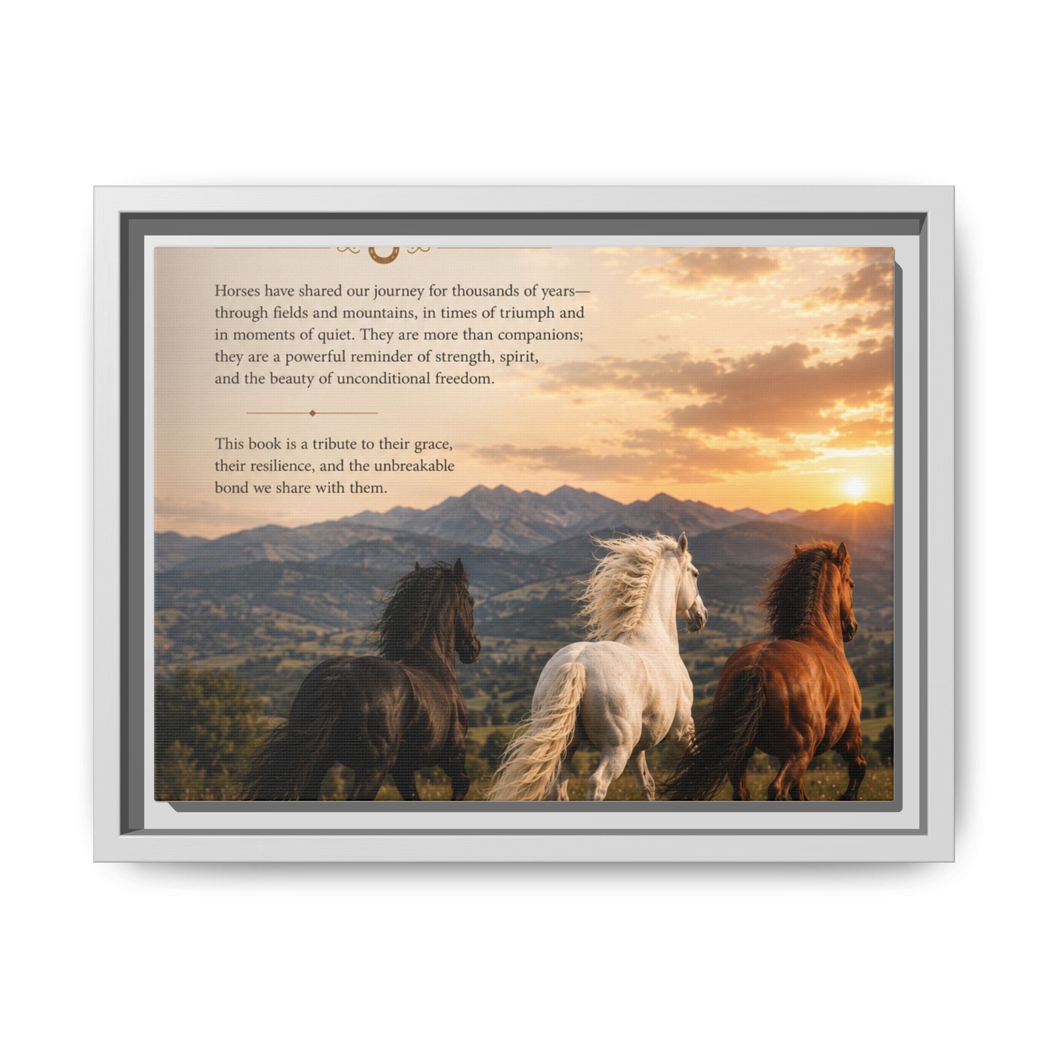 Framed Matte Canvas Wall Art — Running Horses Sunset Landscape with Inspirational Text