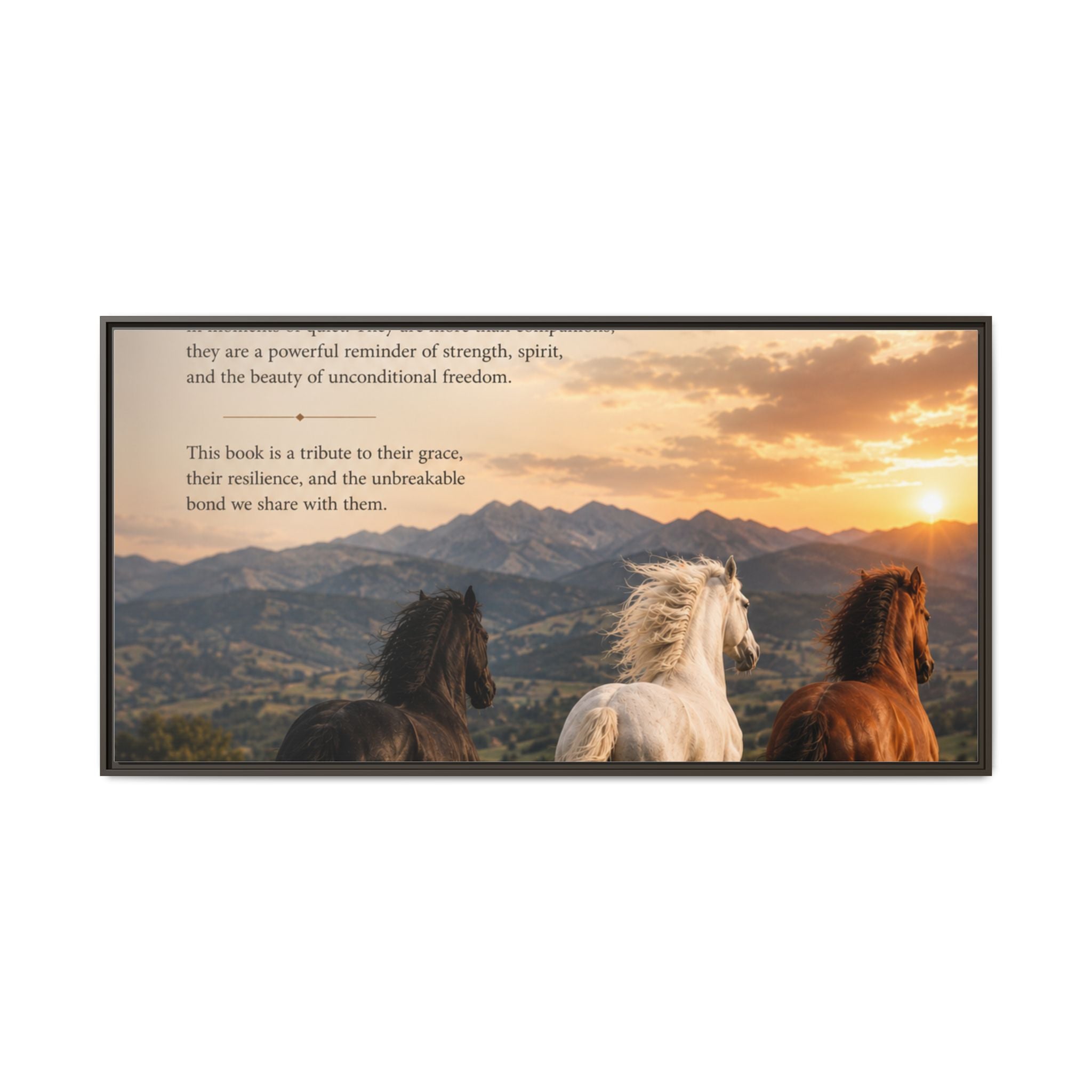 Framed Matte Canvas Wall Art — Running Horses Sunset Landscape with Inspirational Text