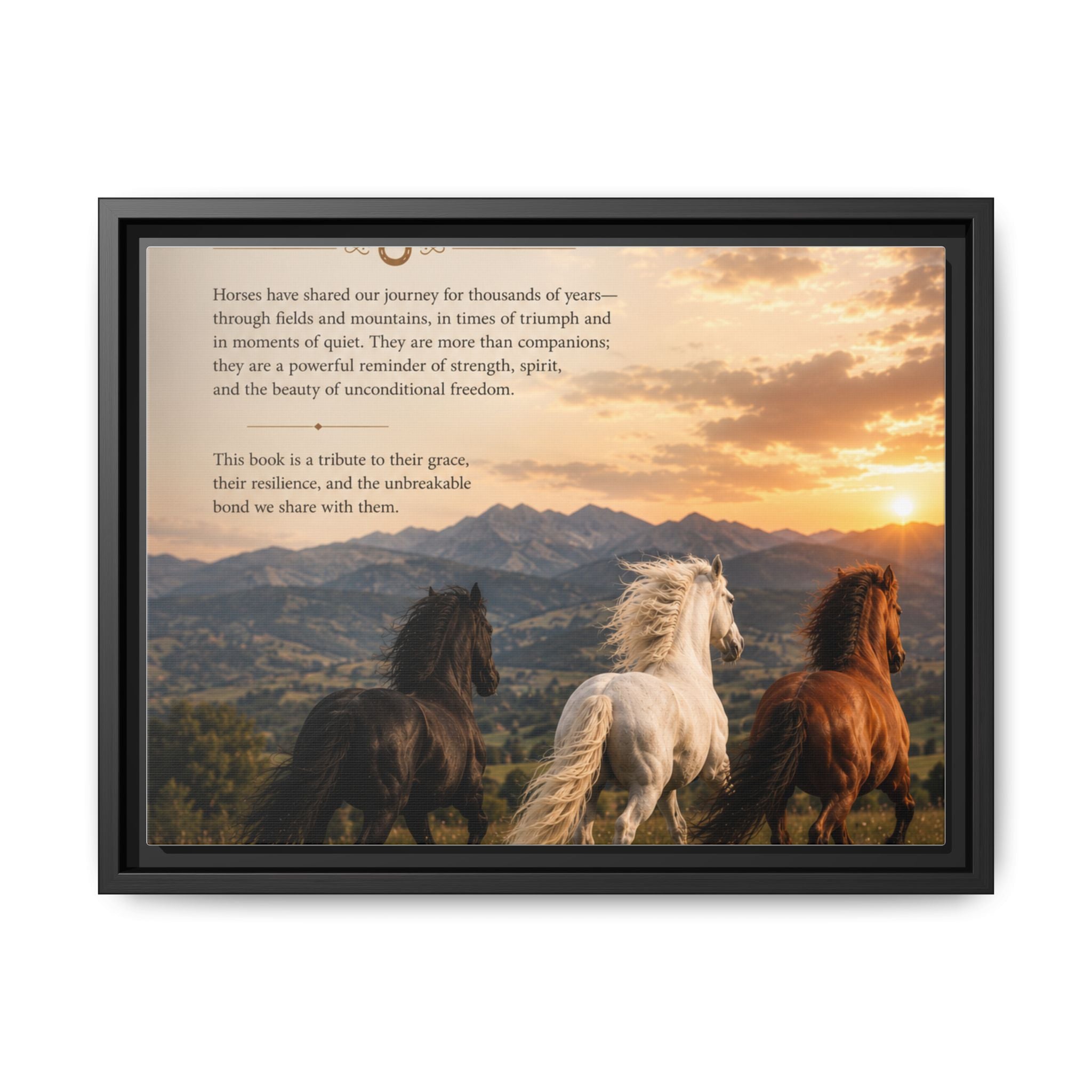 Framed Matte Canvas Wall Art — Running Horses Sunset Landscape with Inspirational Text