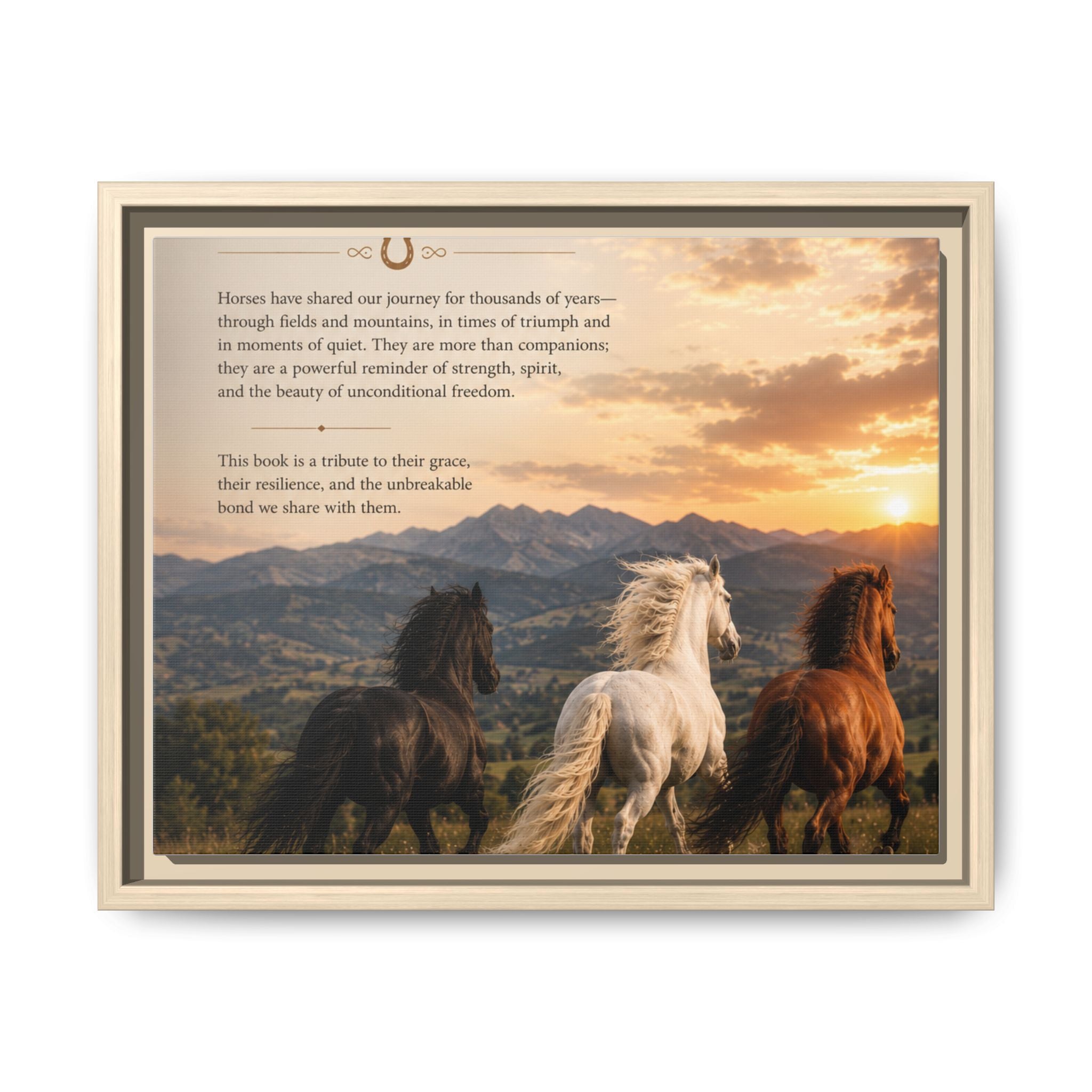 Framed Matte Canvas Wall Art — Running Horses Sunset Landscape with Inspirational Text