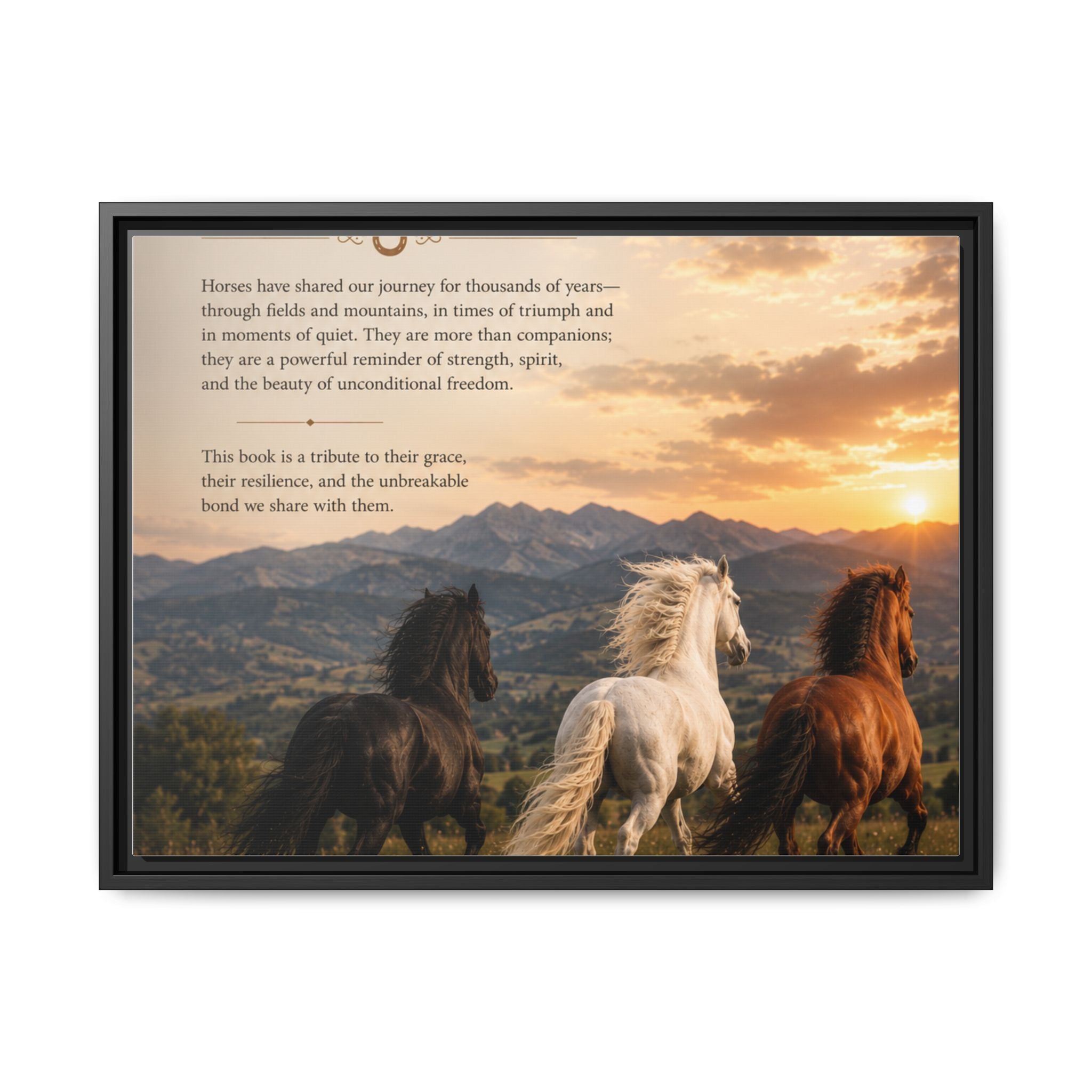 Framed Matte Canvas Wall Art — Running Horses Sunset Landscape with Inspirational Text