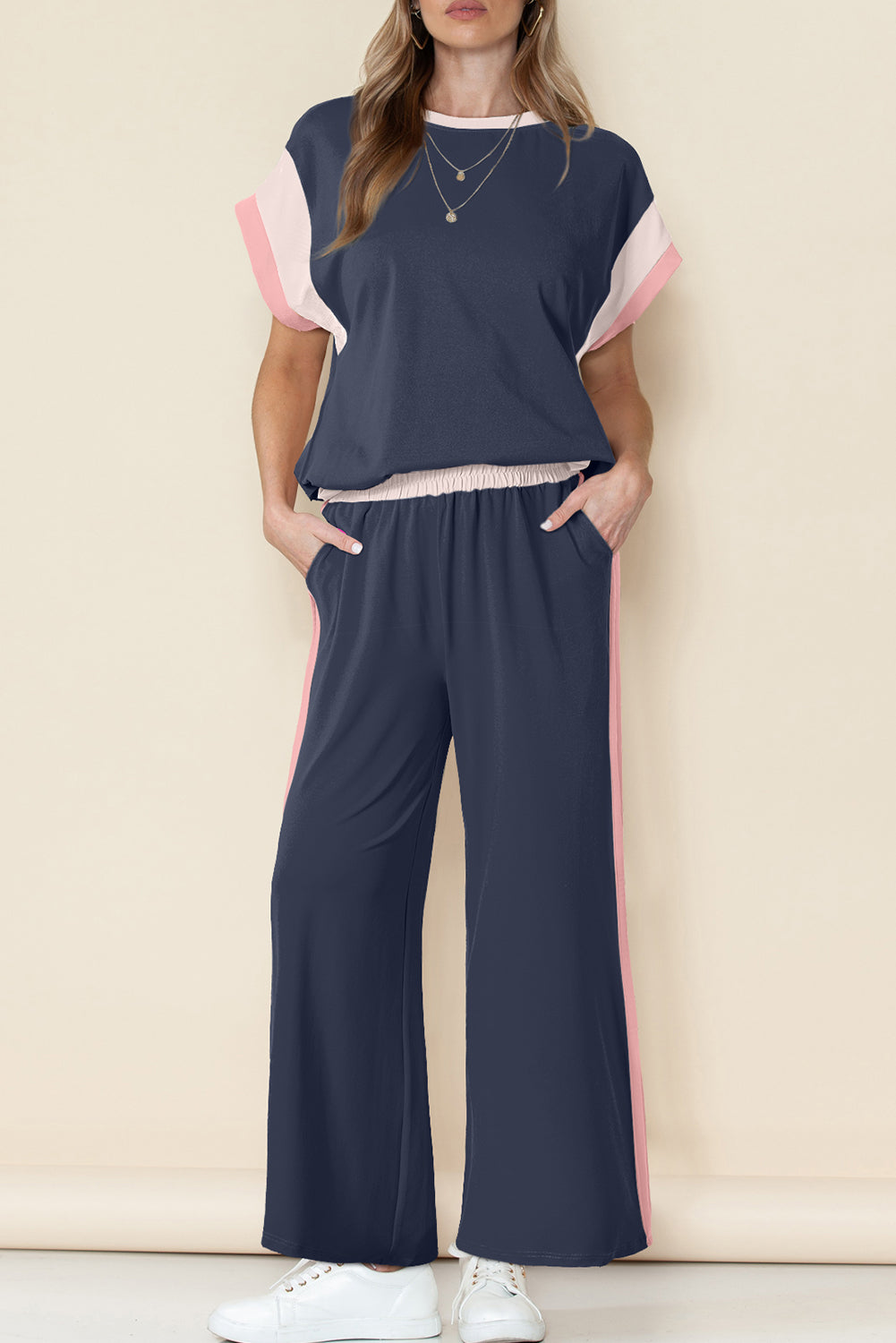 Smoke Gray Color Block Detail Casual Two-piece Set