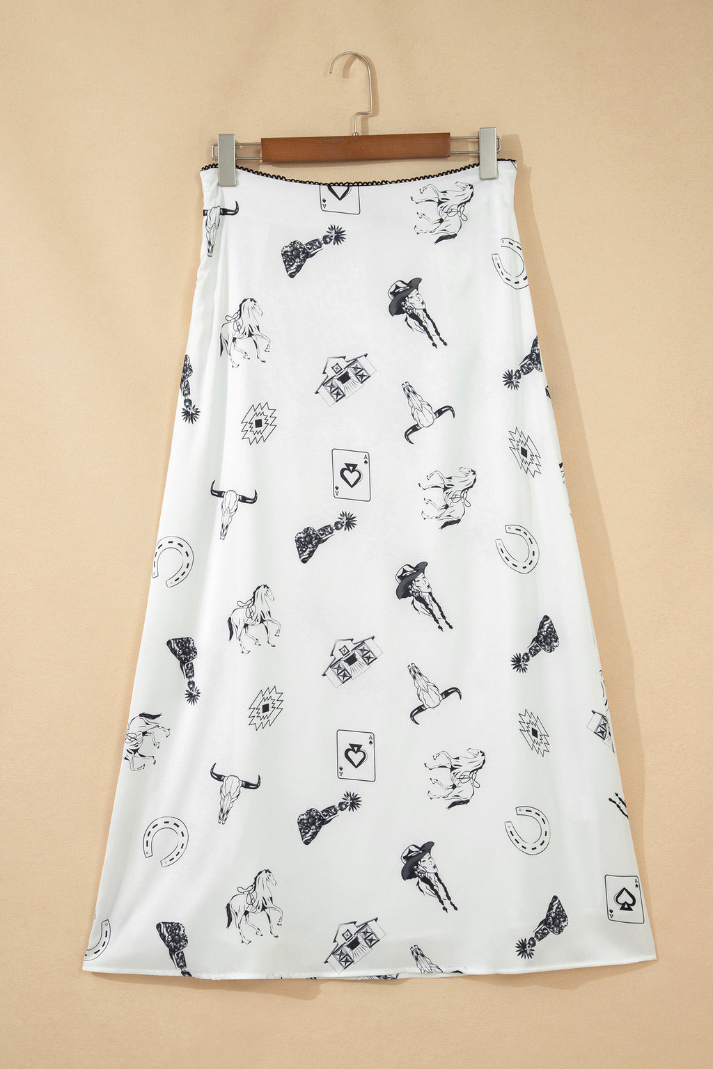 Beige Western Print Satin Long Skirt