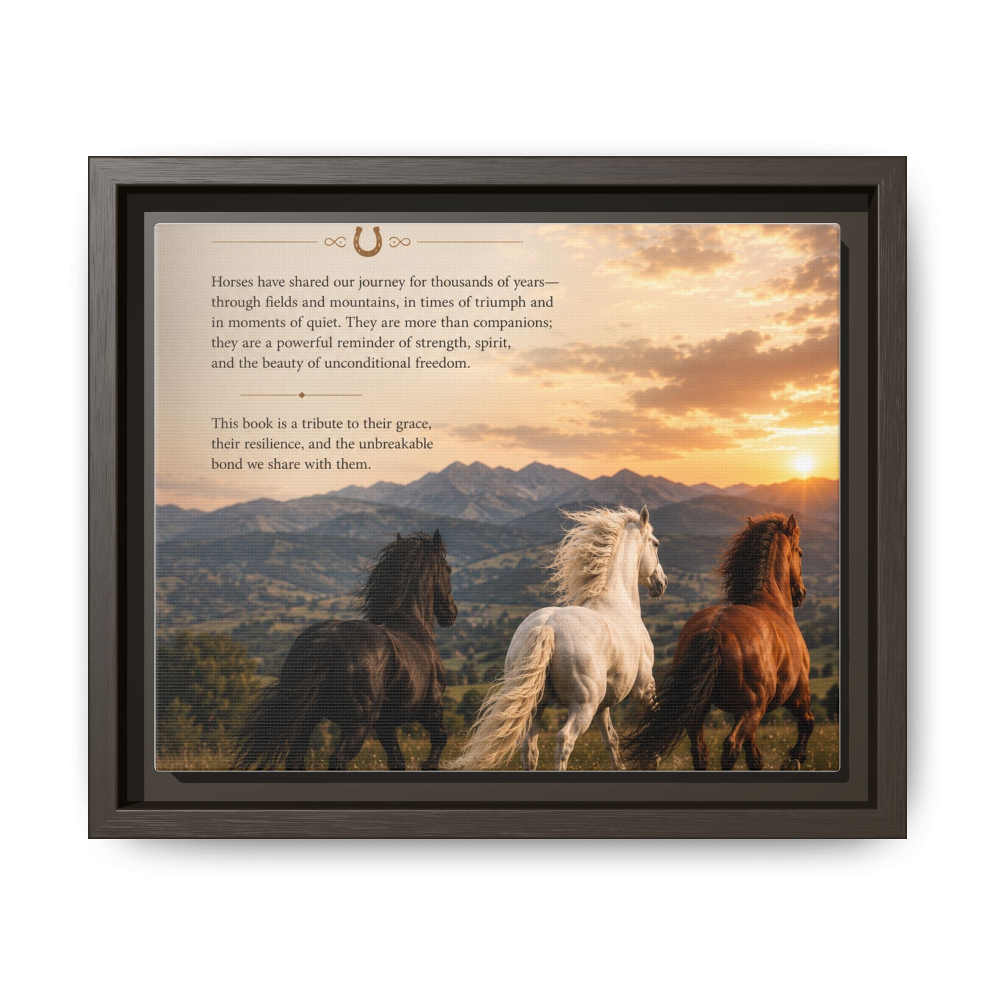 Framed Matte Canvas Wall Art — Running Horses Sunset Landscape with Inspirational Text