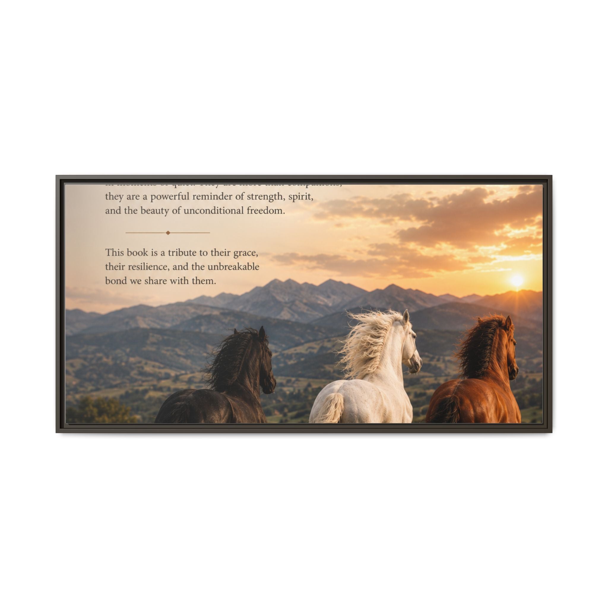 Framed Matte Canvas Wall Art — Running Horses Sunset Landscape with Inspirational Text