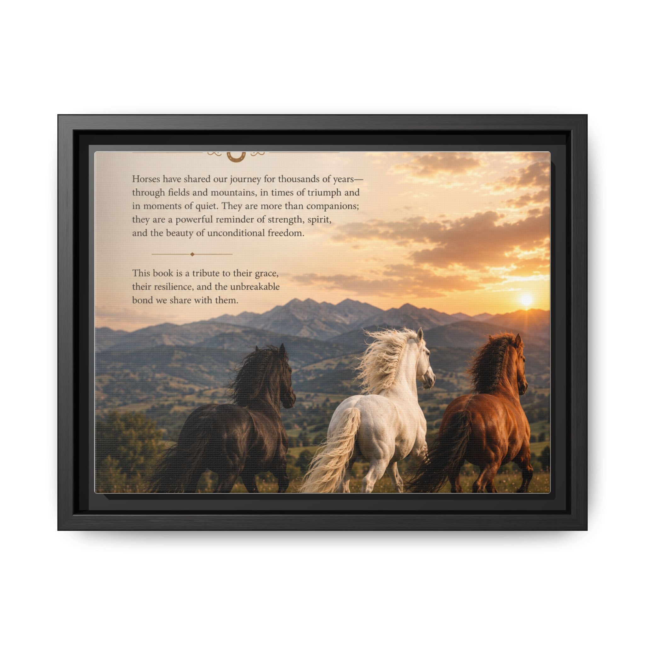 Framed Matte Canvas Wall Art — Running Horses Sunset Landscape with Inspirational Text