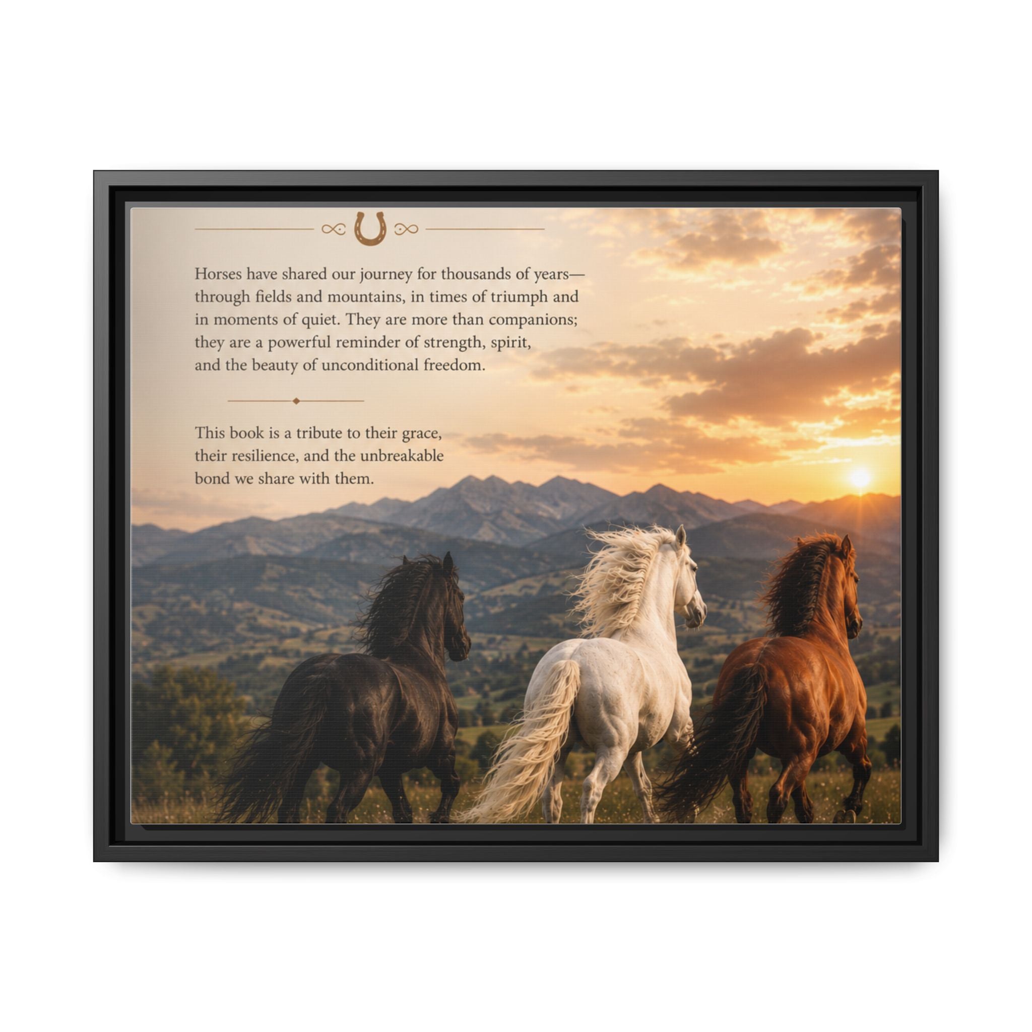 Framed Matte Canvas Wall Art — Running Horses Sunset Landscape with Inspirational Text