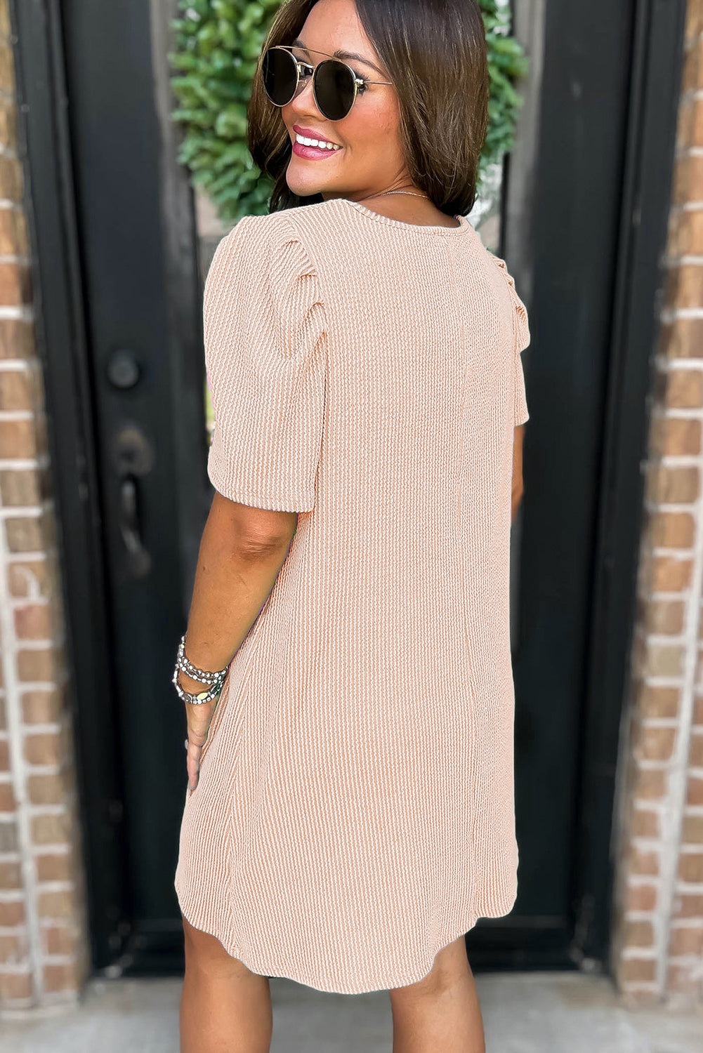 Bright Pink Corded Knit Crew Neck Puff Sleeve Shift Mini Dress