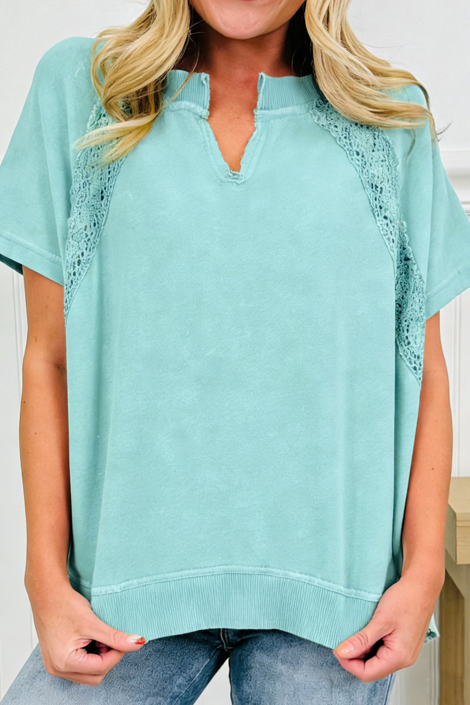 Pink Raw Cut Notched Neck Lace Patchwork Detail Mineral Wash Tee
