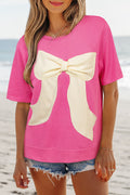 Strawberry Pink Contrasting Color Ribbon Bow Front Patch Loose Tee with Slits