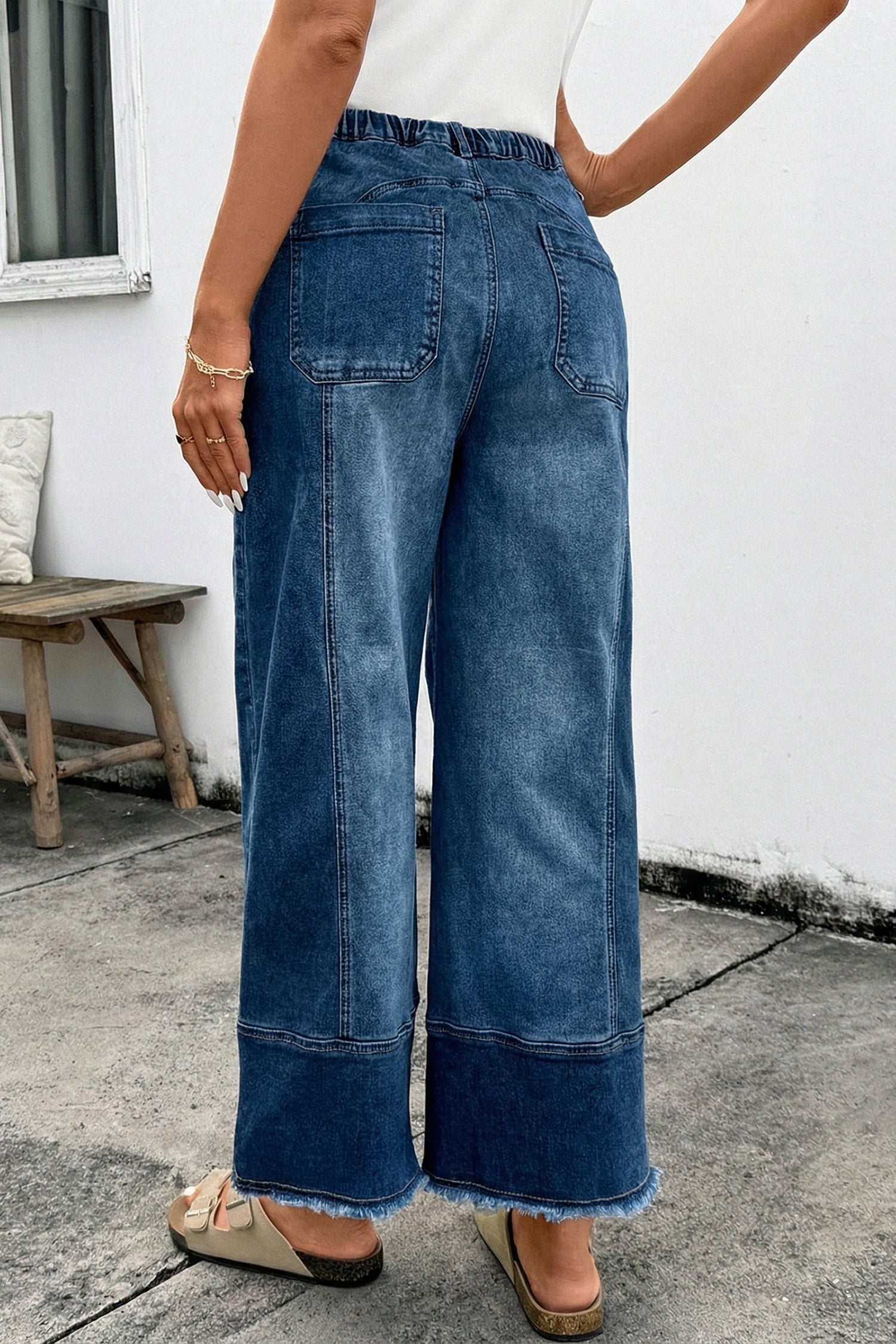 Beau Blue Drawstring Seam Detail Raw Hem Wide Leg Denim Pants