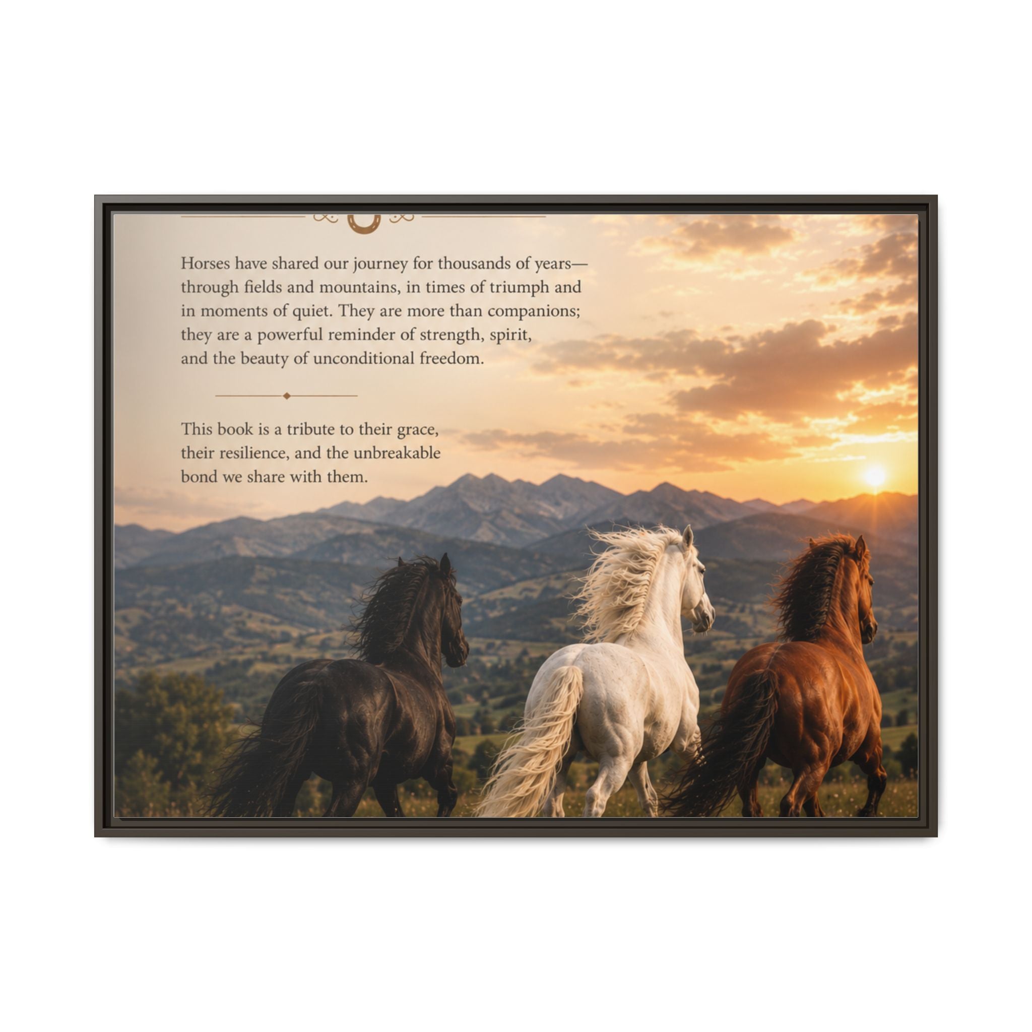 Framed Matte Canvas Wall Art — Running Horses Sunset Landscape with Inspirational Text