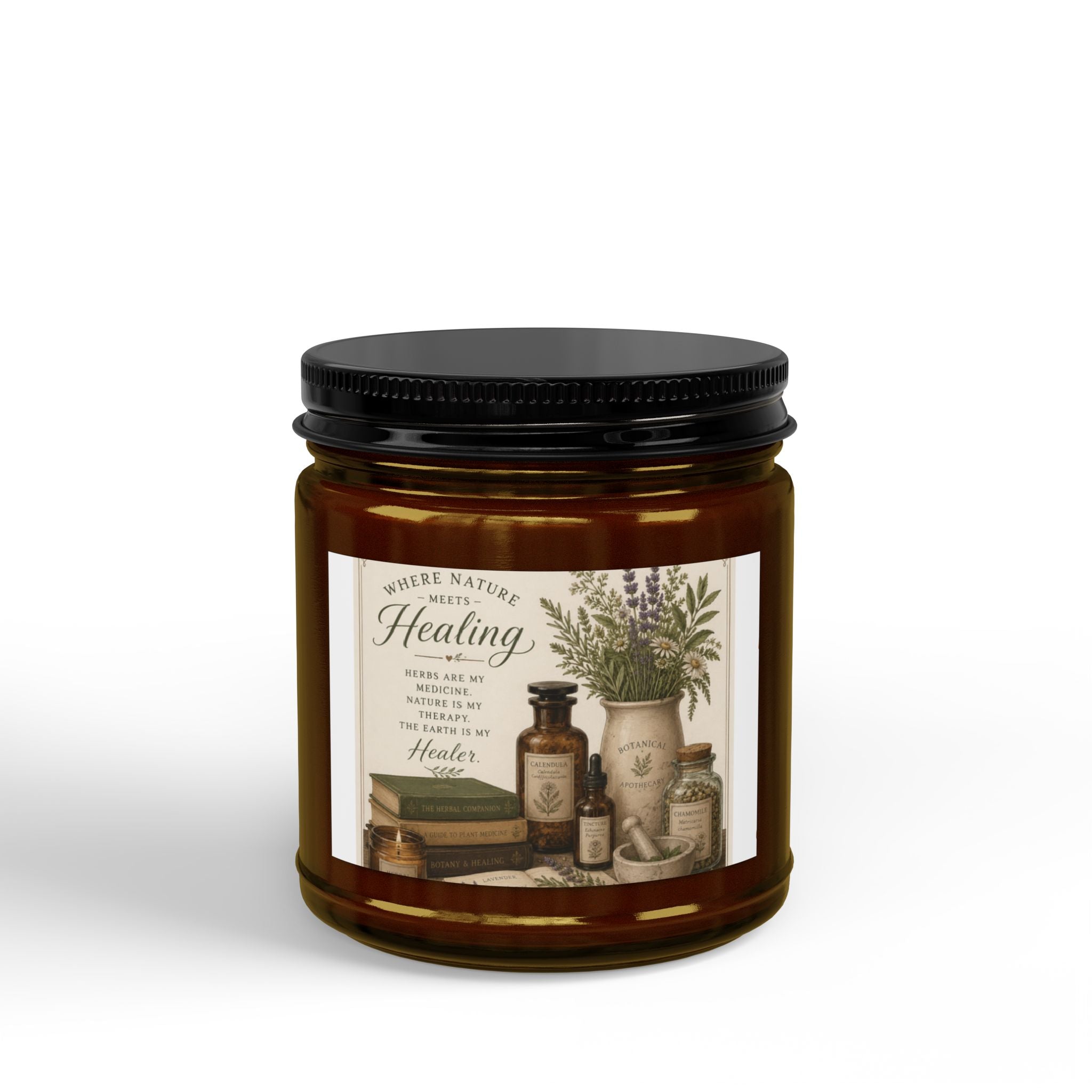 Herbal Healing Soy Candle — Scented Amber Jar with Black Lid (4oz & 9oz)