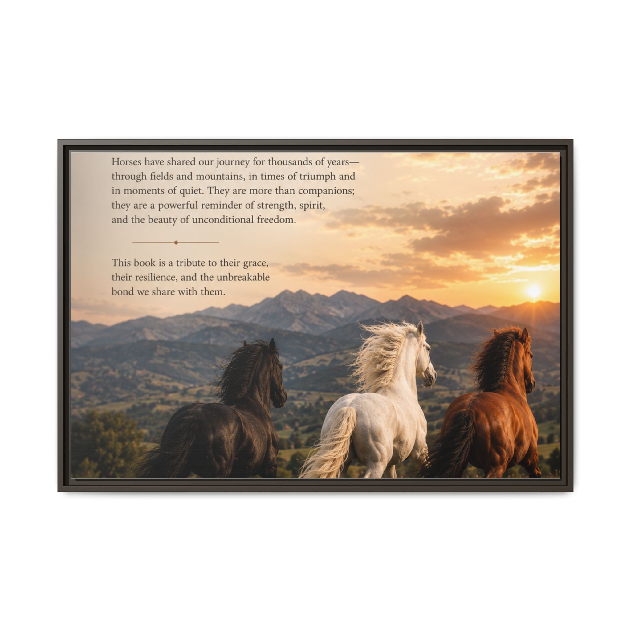 Framed Matte Canvas Wall Art — Running Horses Sunset Landscape with Inspirational Text