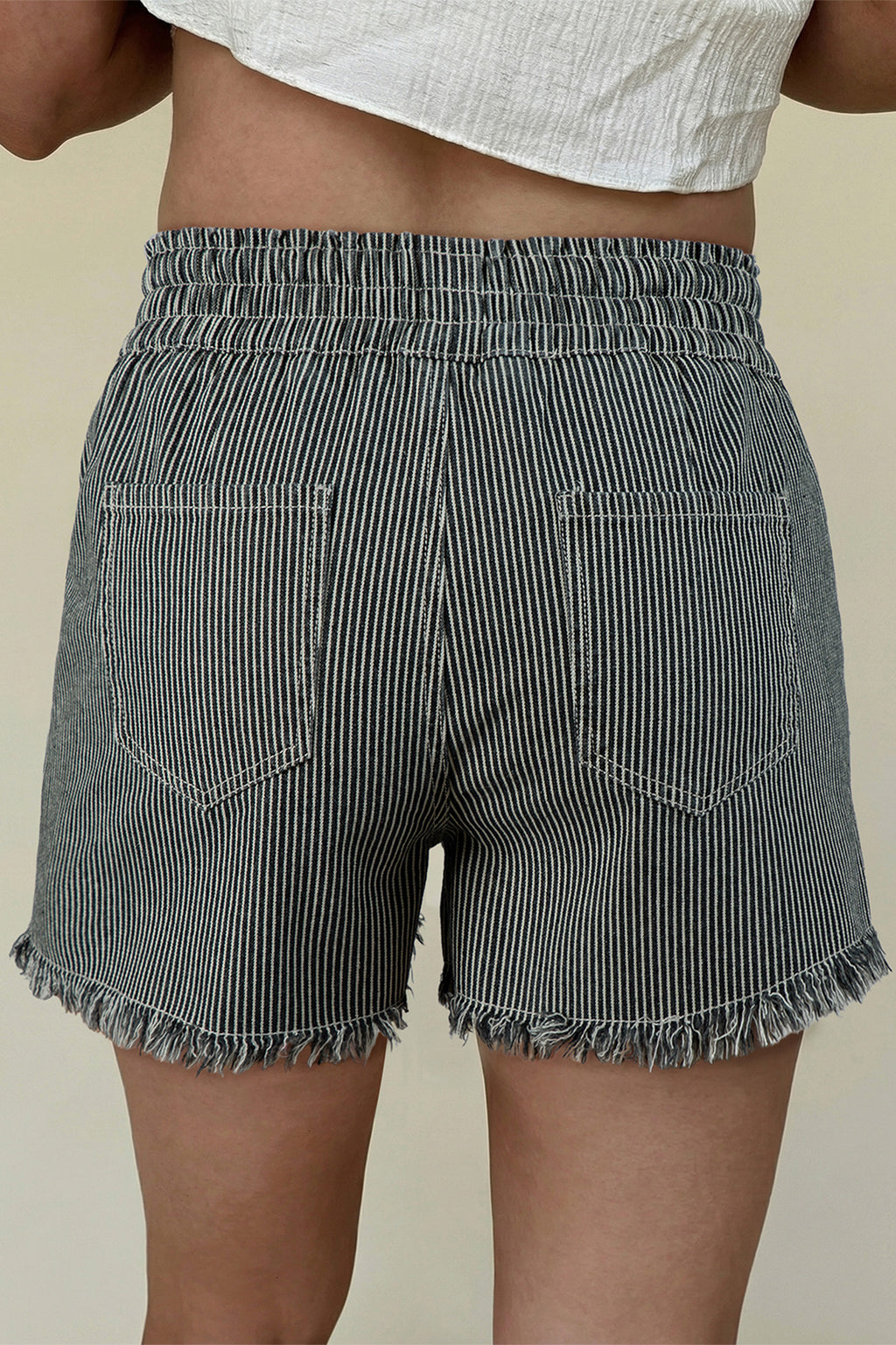 Sky Blue Stripe Raw Edge Drawstring Elastic Waist Casual Denim Shorts