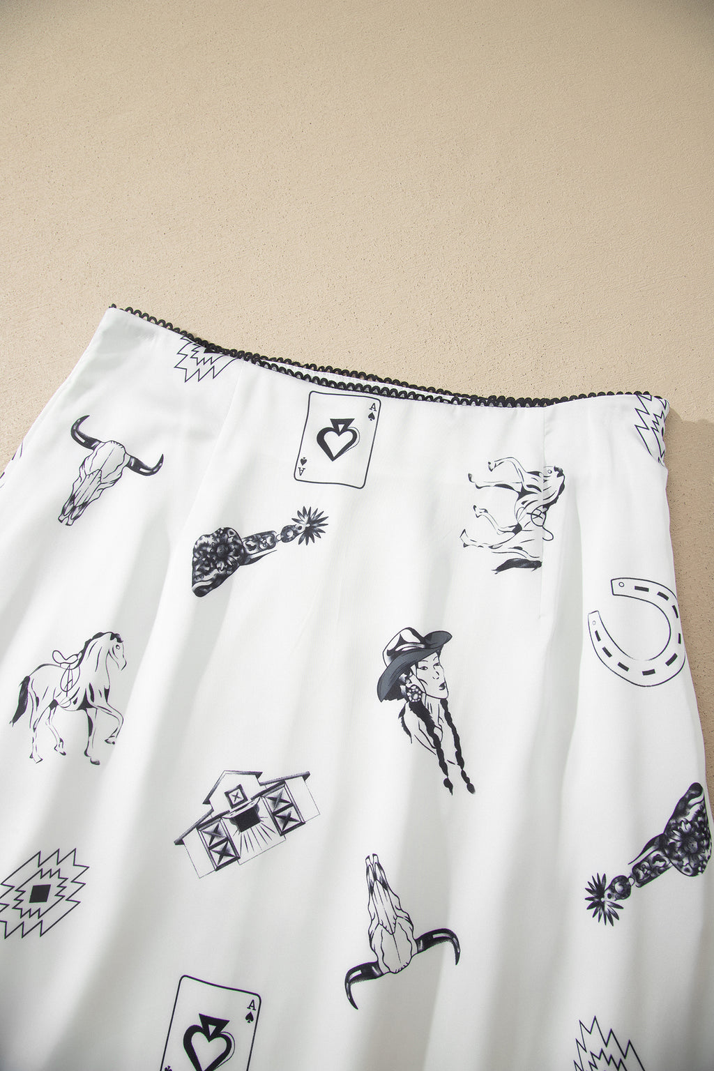 Beige Western Print Satin Long Skirt