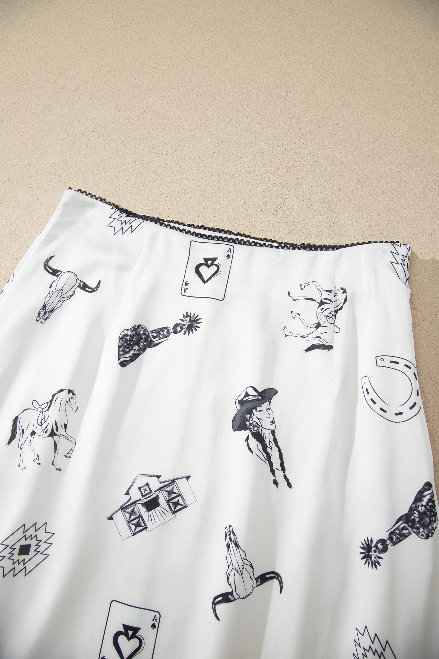 Beige Western Print Satin Long Skirt