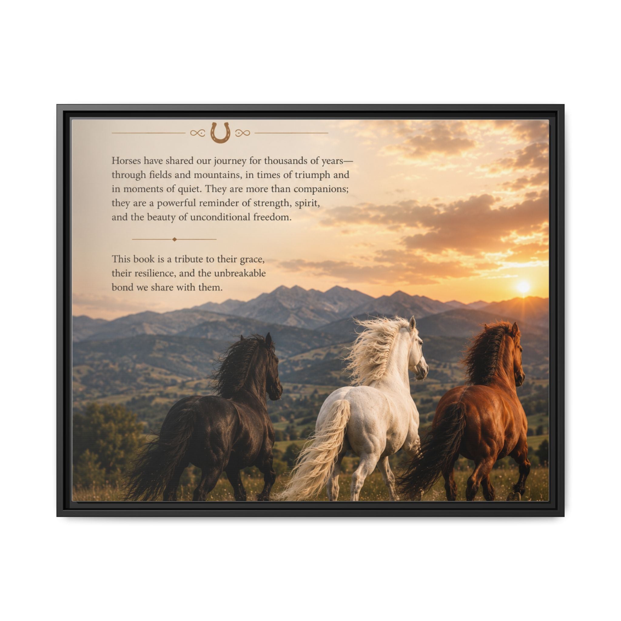 Framed Matte Canvas Wall Art — Running Horses Sunset Landscape with Inspirational Text