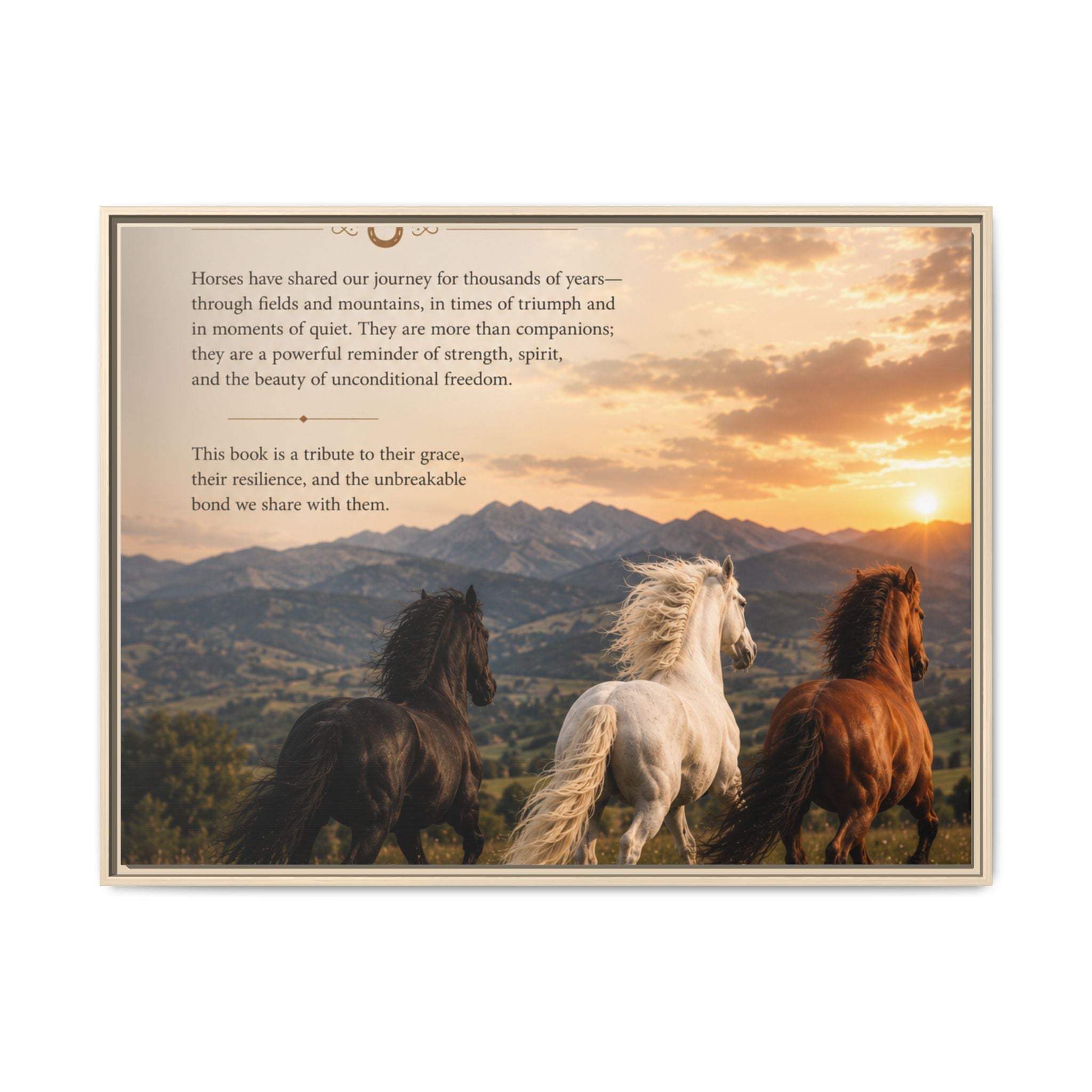 Framed Matte Canvas Wall Art — Running Horses Sunset Landscape with Inspirational Text