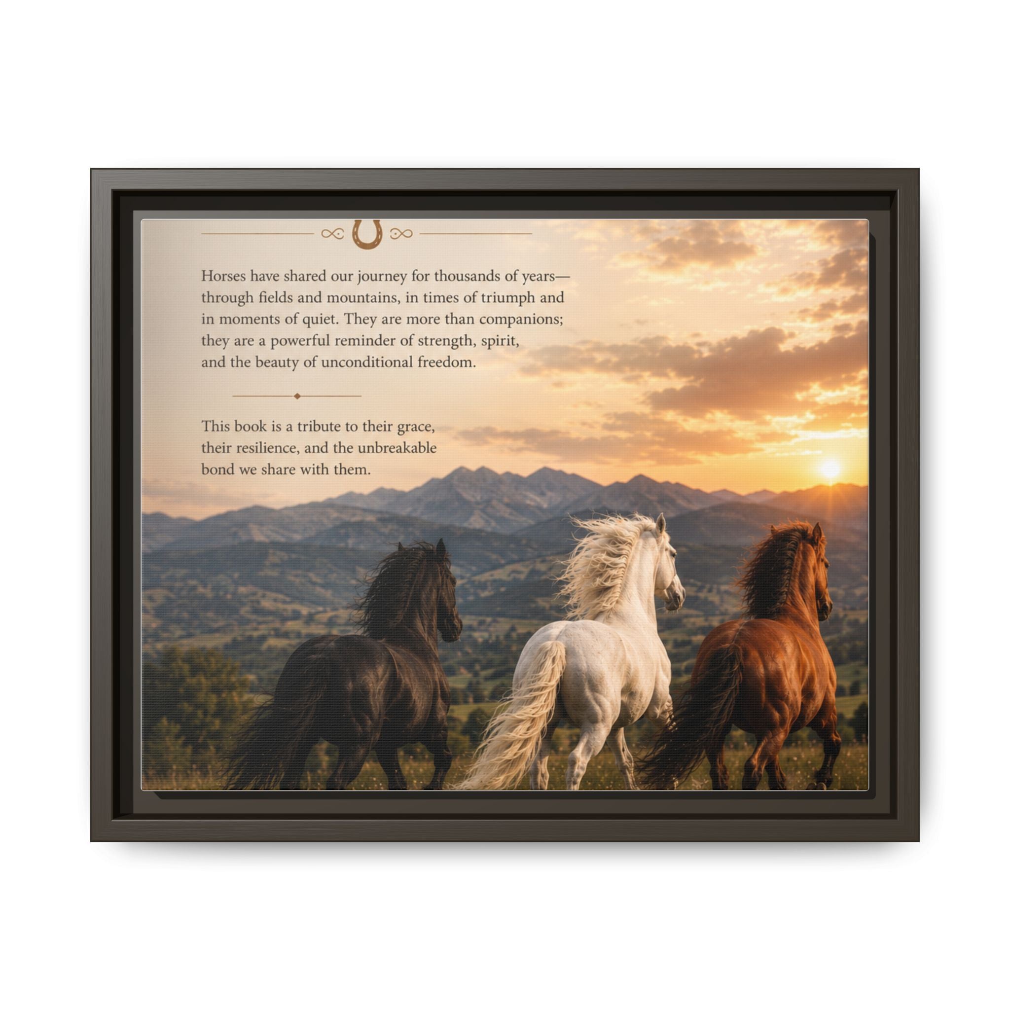 Framed Matte Canvas Wall Art — Running Horses Sunset Landscape with Inspirational Text