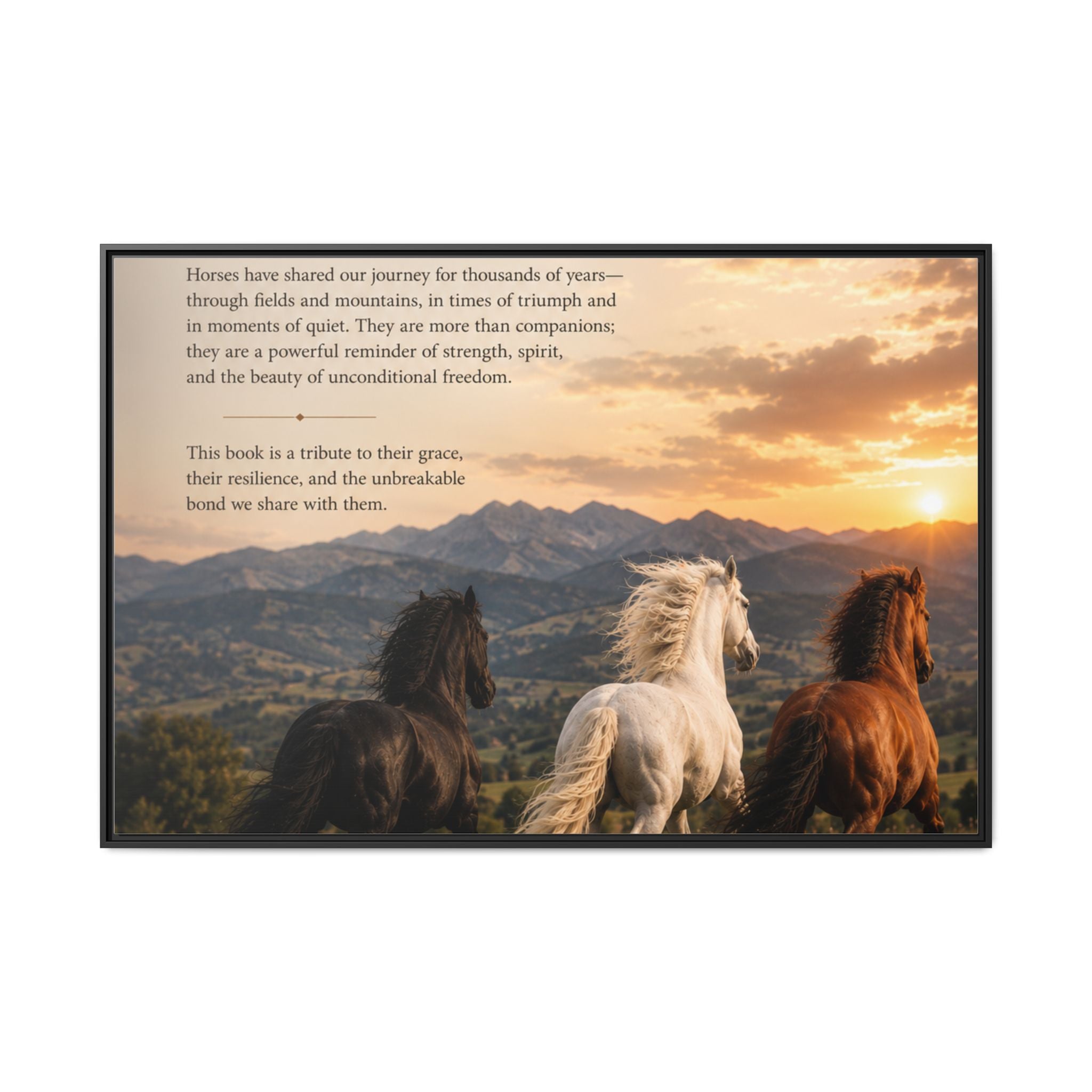 Framed Matte Canvas Wall Art — Running Horses Sunset Landscape with Inspirational Text