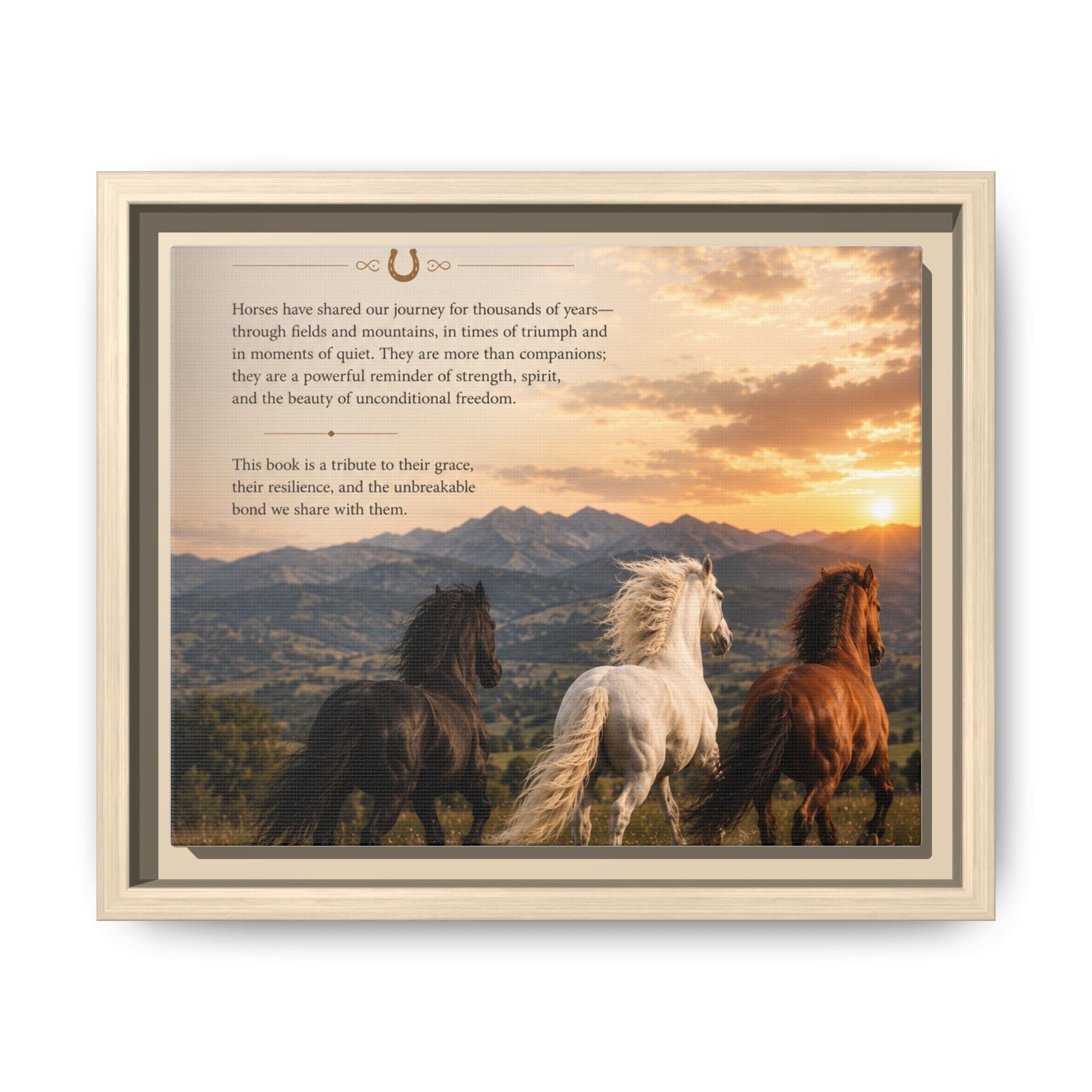 Framed Matte Canvas Wall Art — Running Horses Sunset Landscape with Inspirational Text