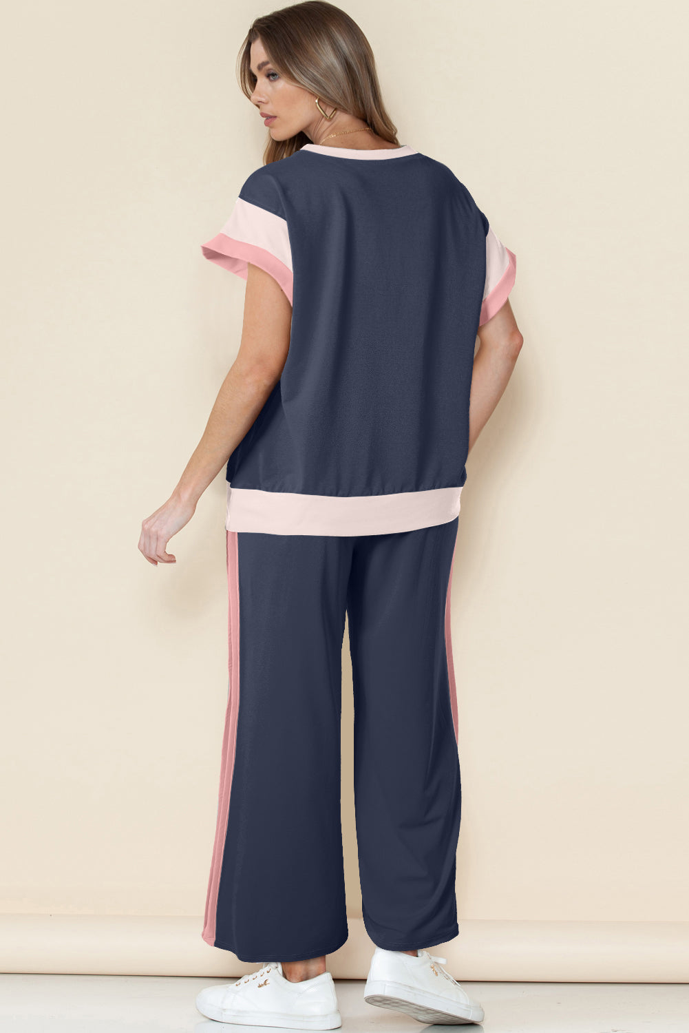 Smoke Gray Color Block Detail Casual Two-piece Set