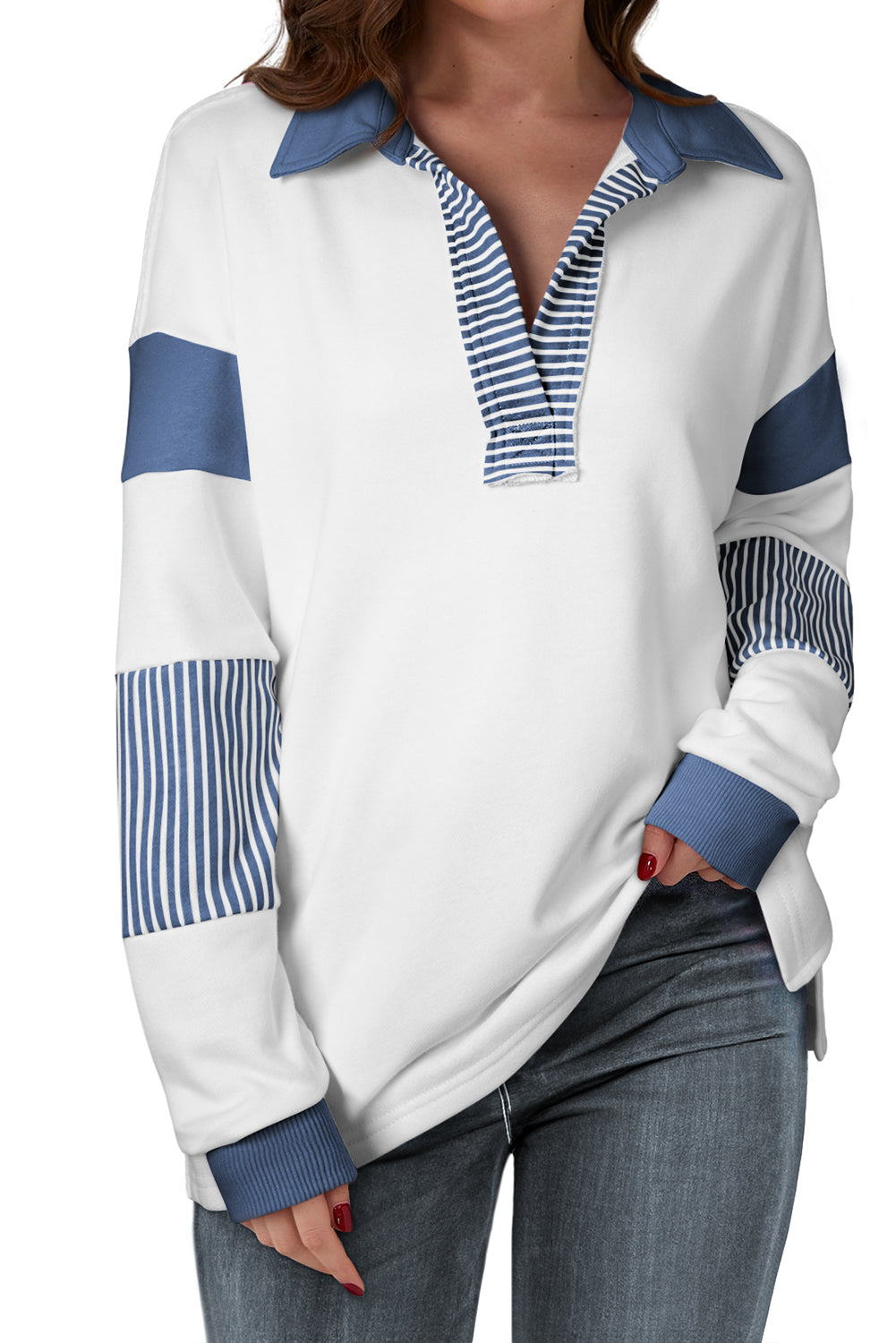 Light French Beige Striped Colorblock Patchwork Collar Sweatshirt