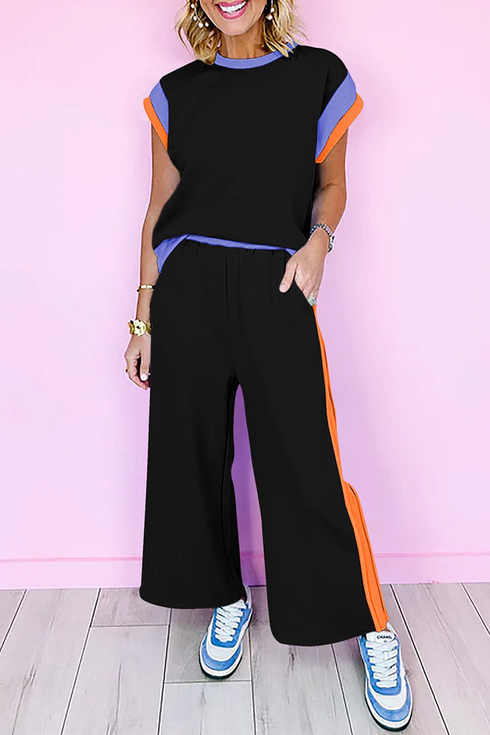 Smoke Gray Color Block Detail Casual Two-piece Set