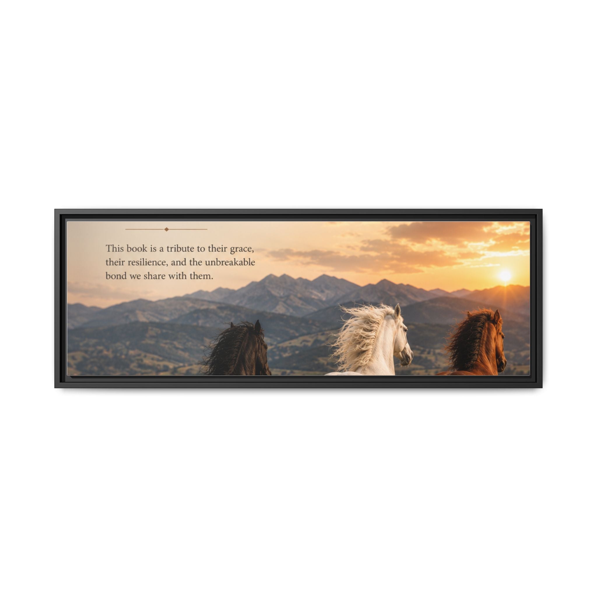 Framed Matte Canvas Wall Art — Running Horses Sunset Landscape with Inspirational Text