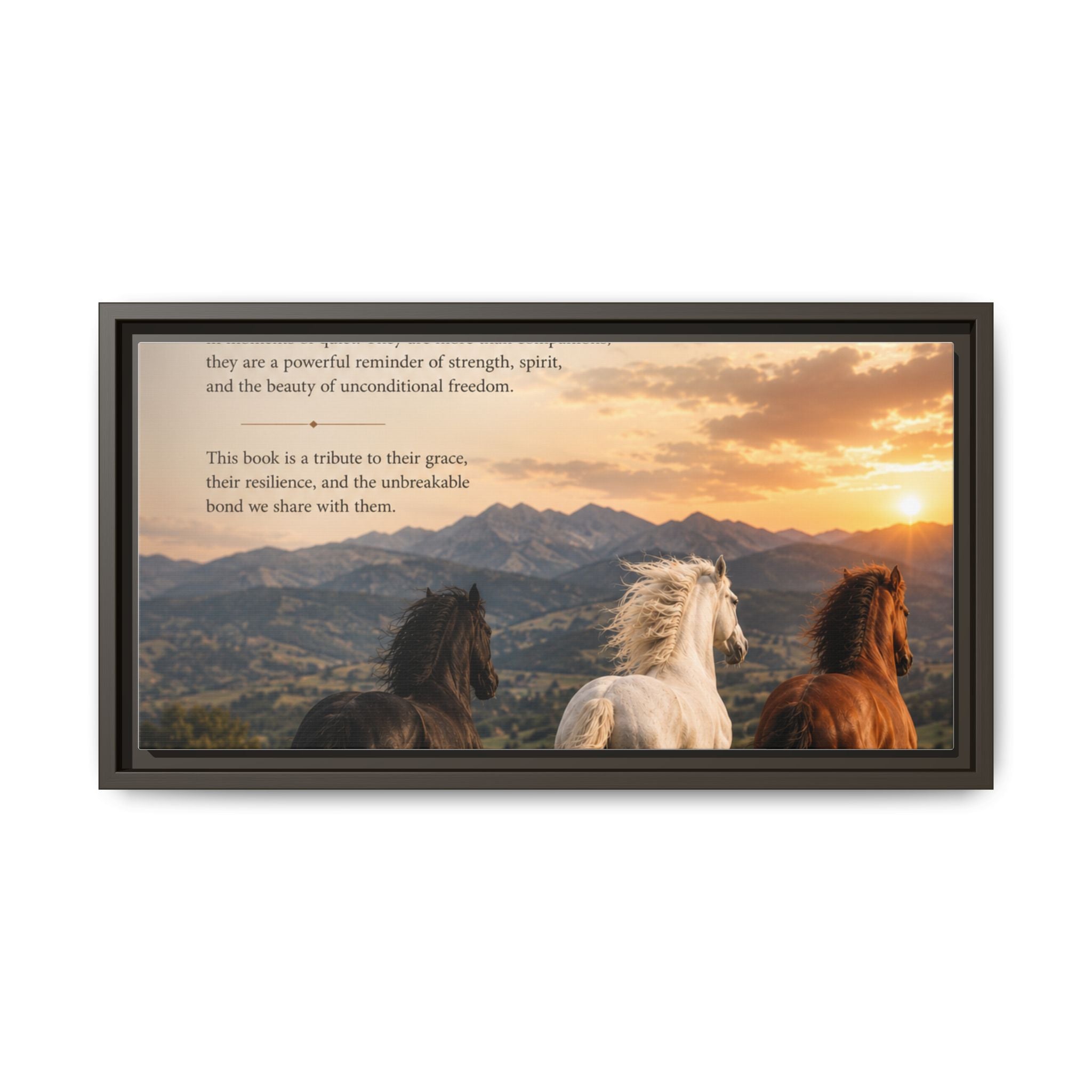 Framed Matte Canvas Wall Art — Running Horses Sunset Landscape with Inspirational Text